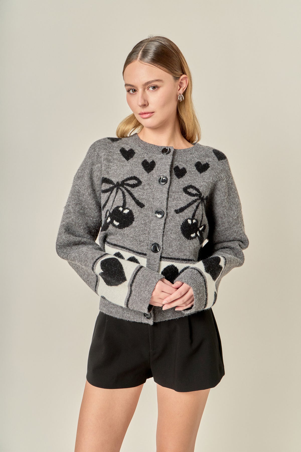 Knit Cardigan With Cherry Heart Pattern