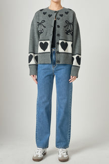Knit Cardigan With Cherry Heart Pattern