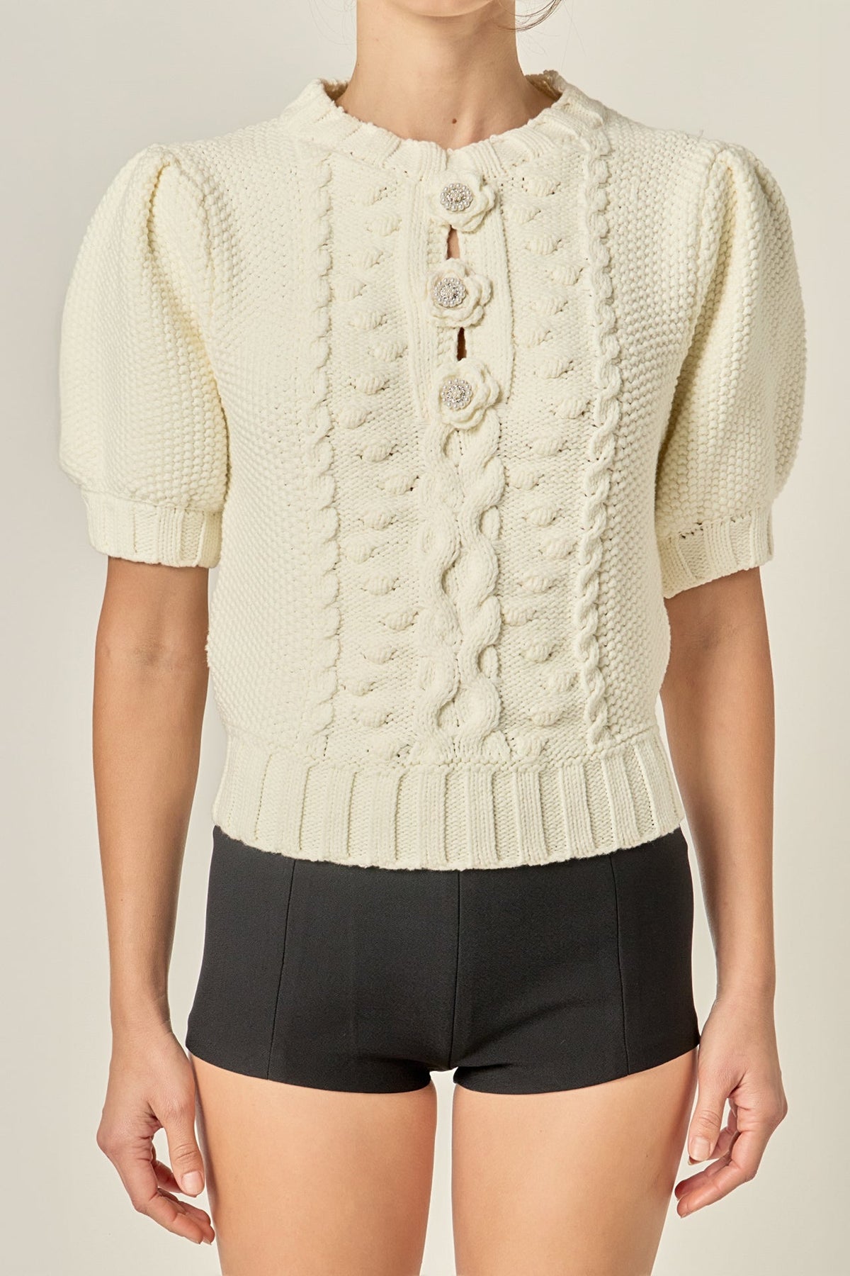Cable Puff Sleeve Knit with Flower Details