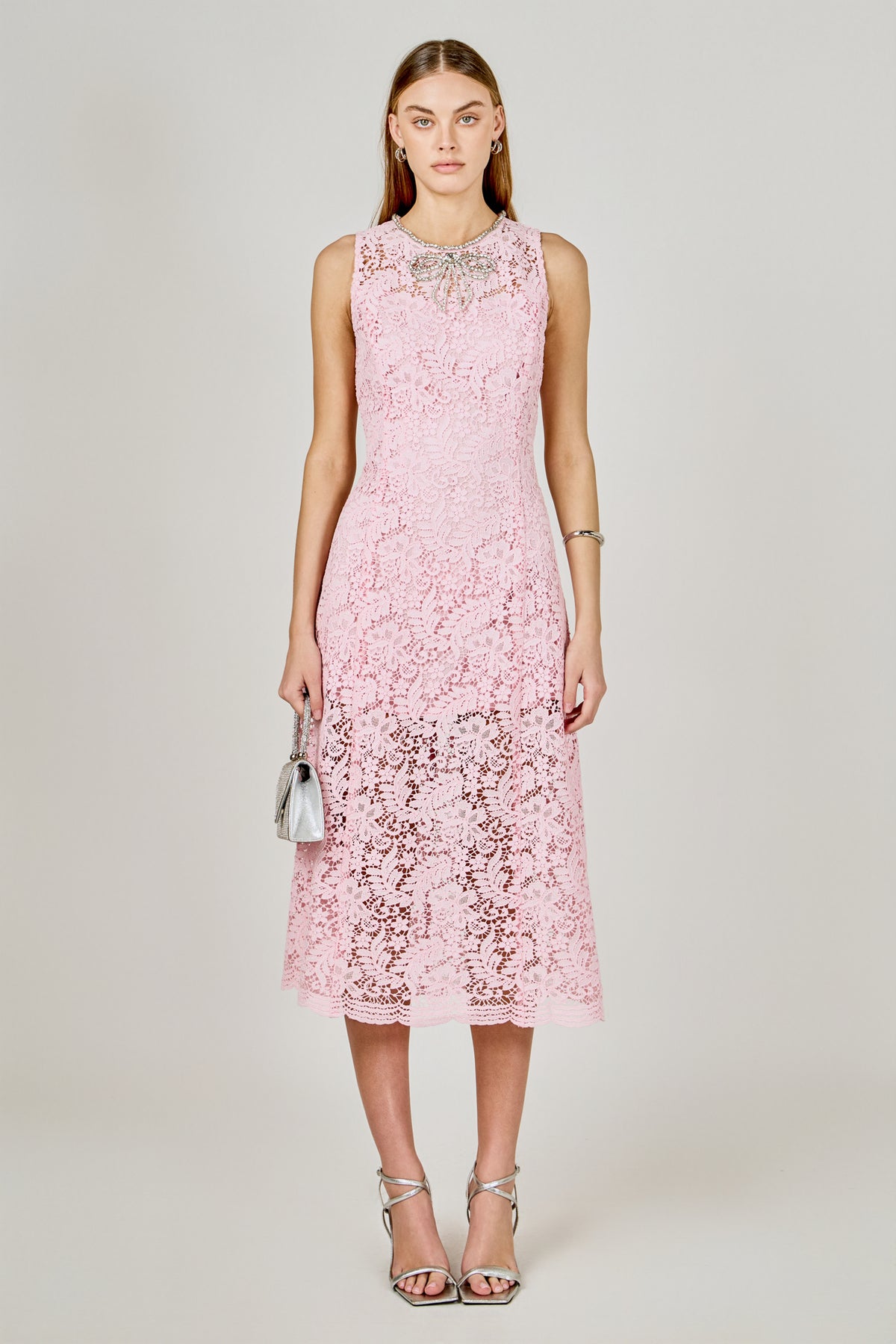 Rhinestone Bow Detailed Lace Sleeveless Midi Dress