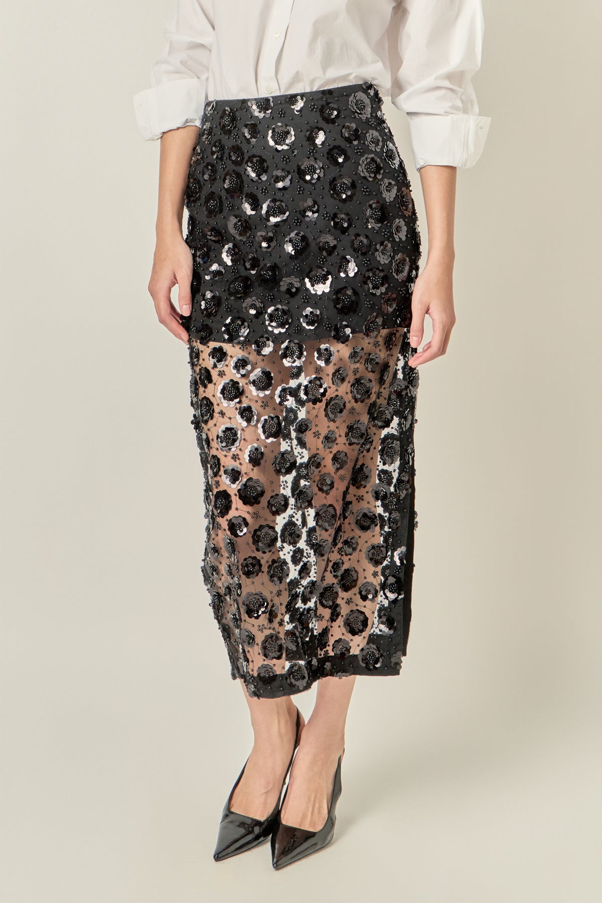 Flower Sequin Sheer Midi Skirt
