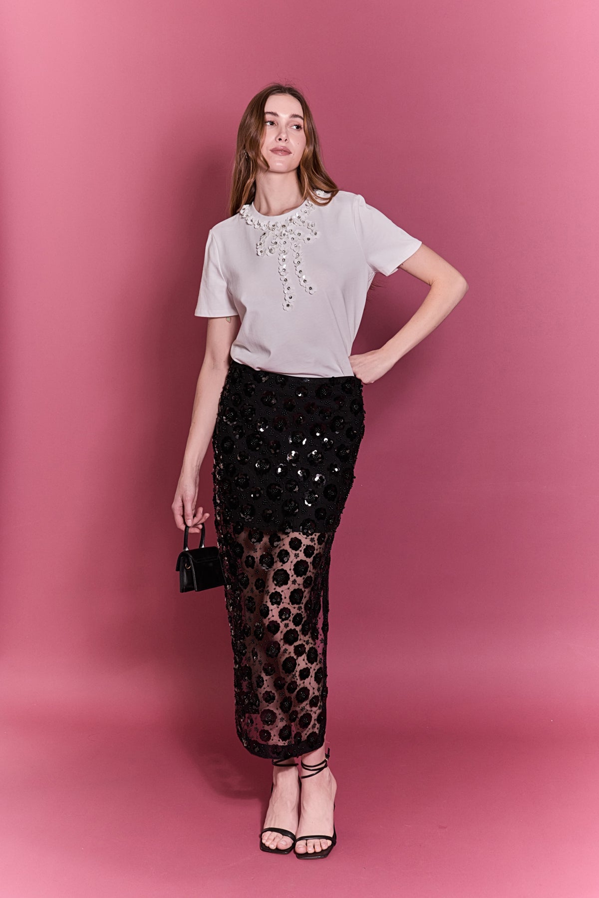 Flower Sequin Sheer Midi Skirt
