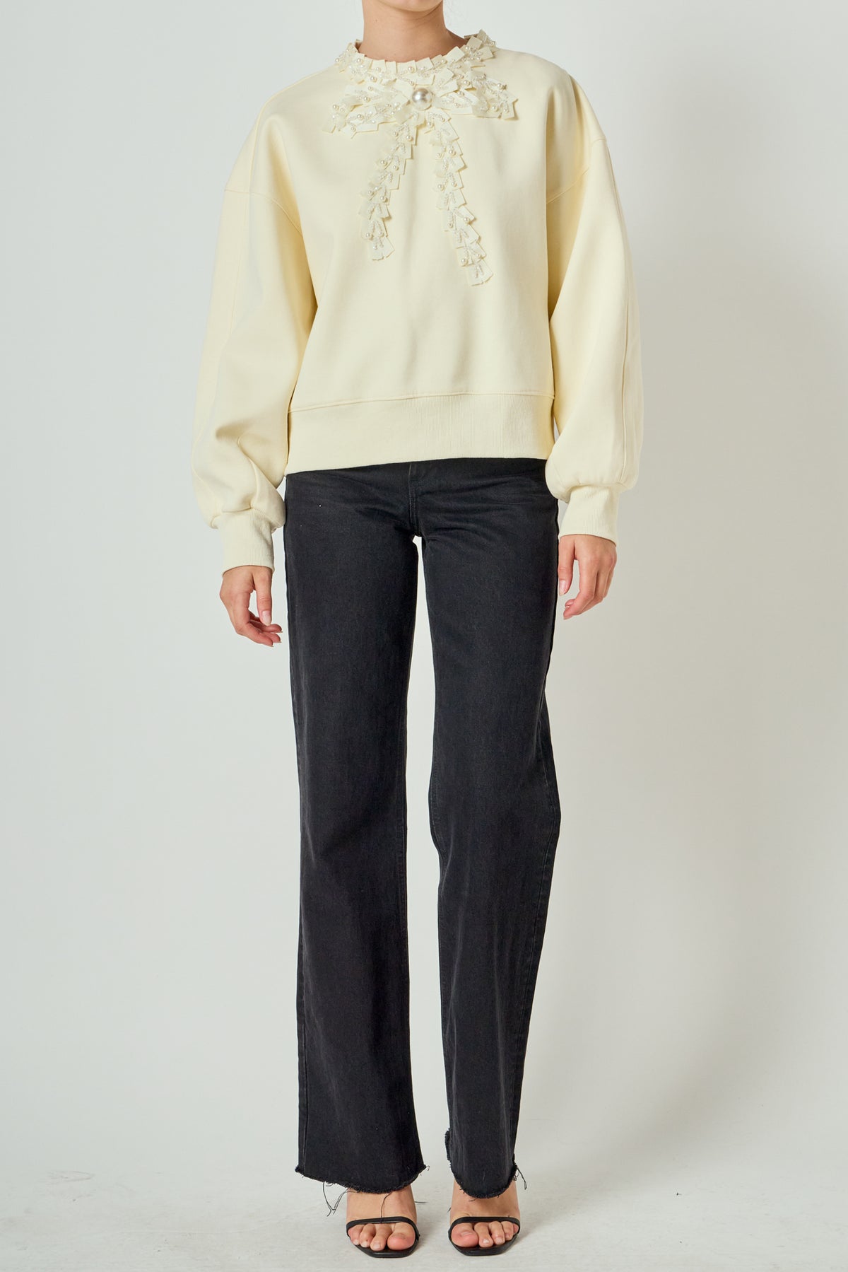 Beaded Ribbon Neck Trim Sweatshirt