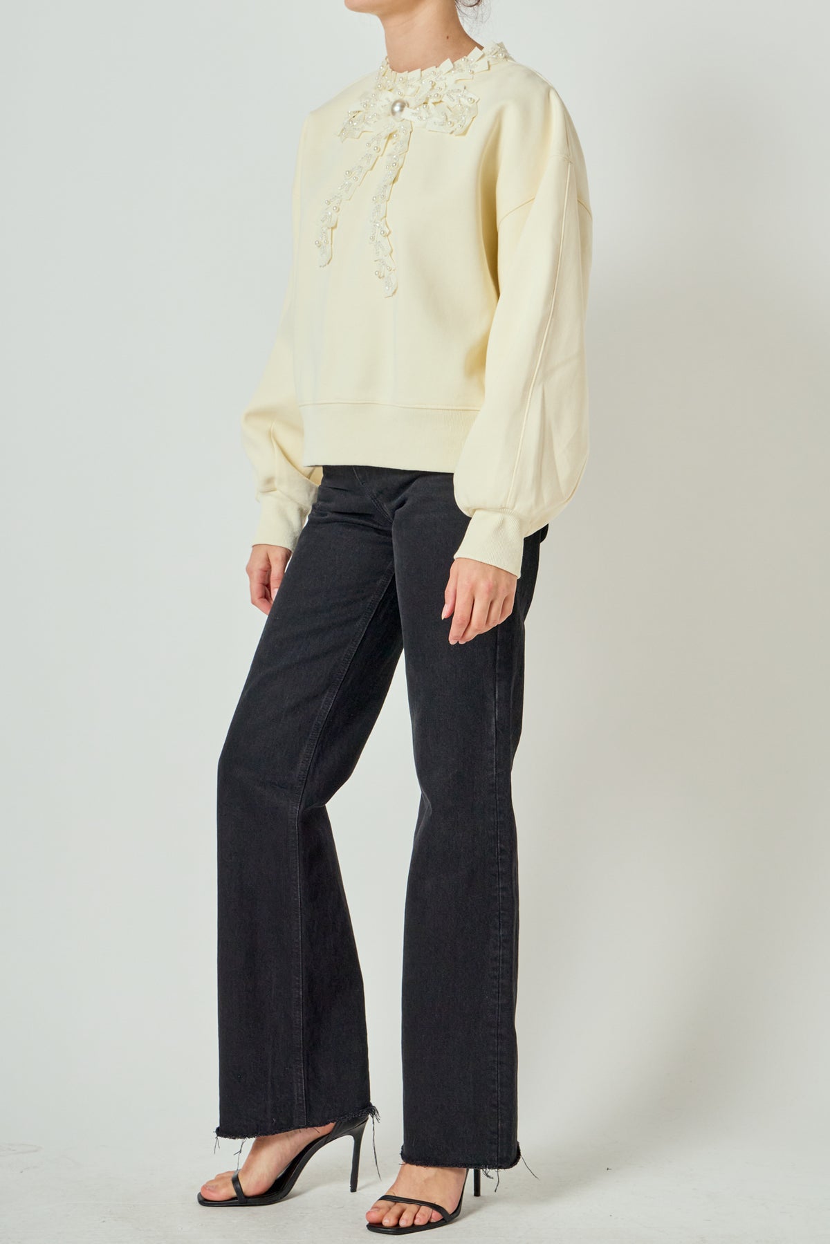 Beaded Ribbon Neck Trim Sweatshirt