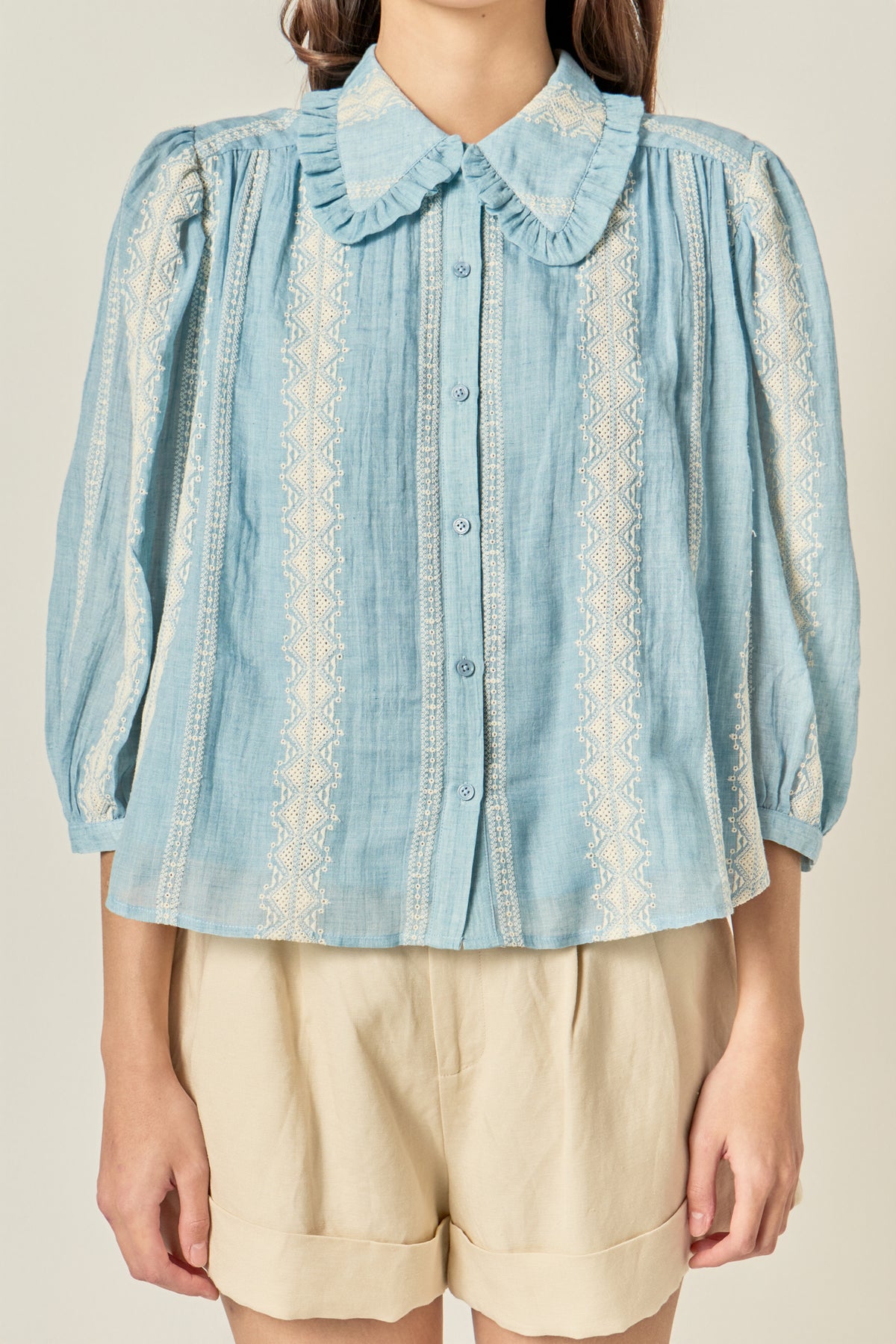 Embroidered Ruffle Collar Blouse