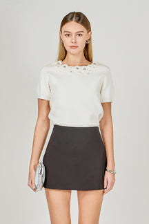 Floral Detail Short Sleeve Sweater