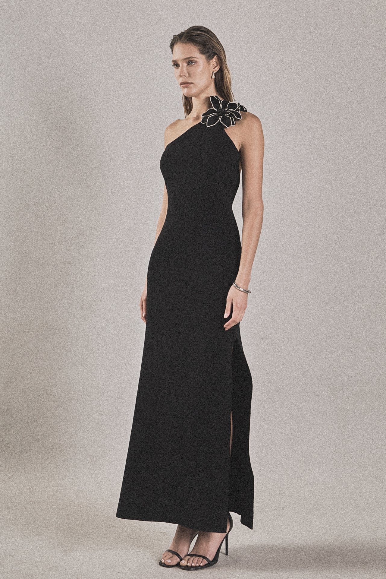 Flower Detail One Shoulder Knit Maxi Dress