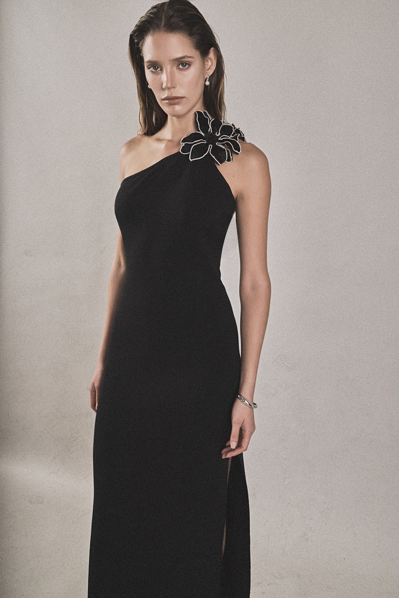 Flower Detail One Shoulder Knit Maxi Dress