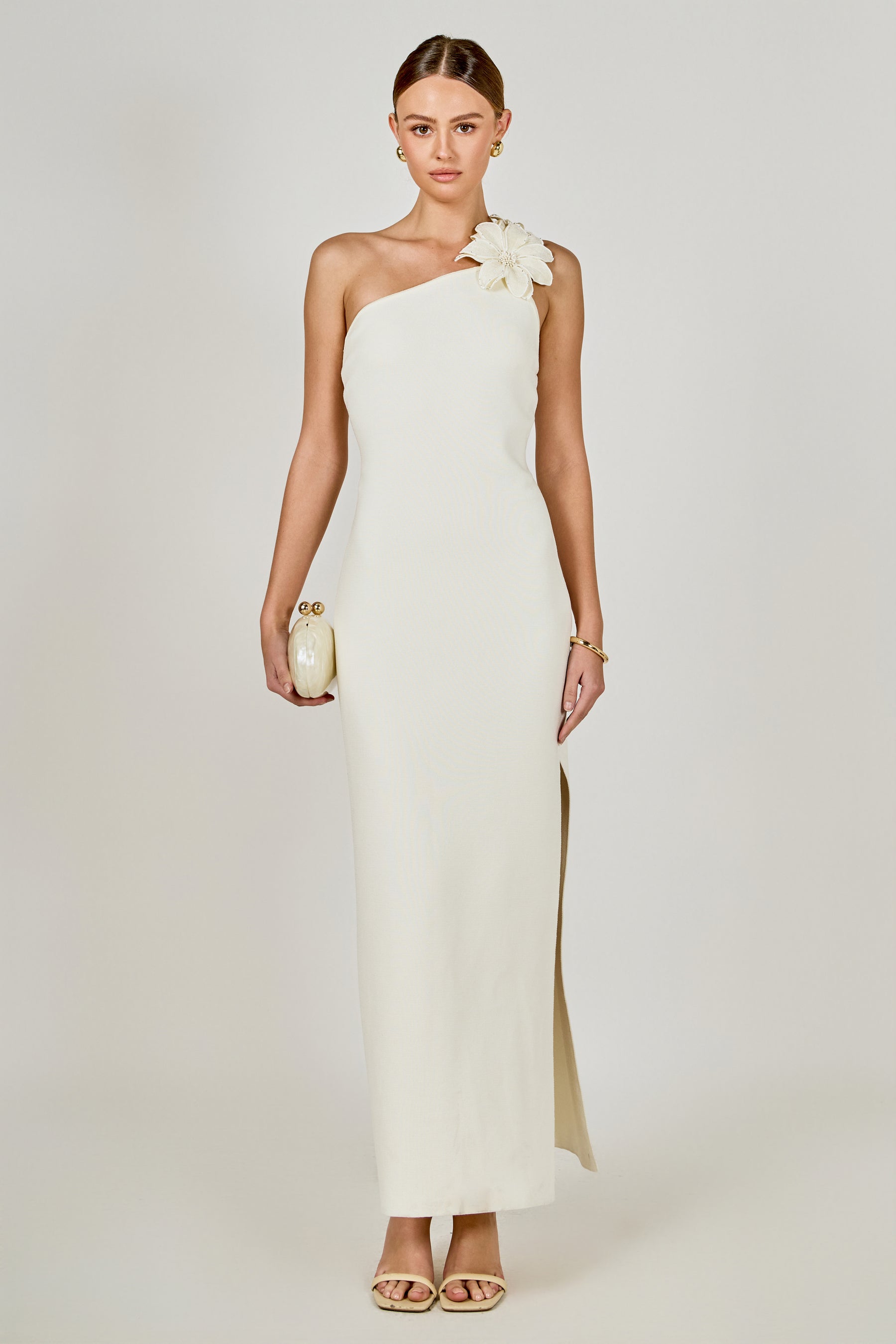 Flower Detail One Shoulder Knit Maxi Dress