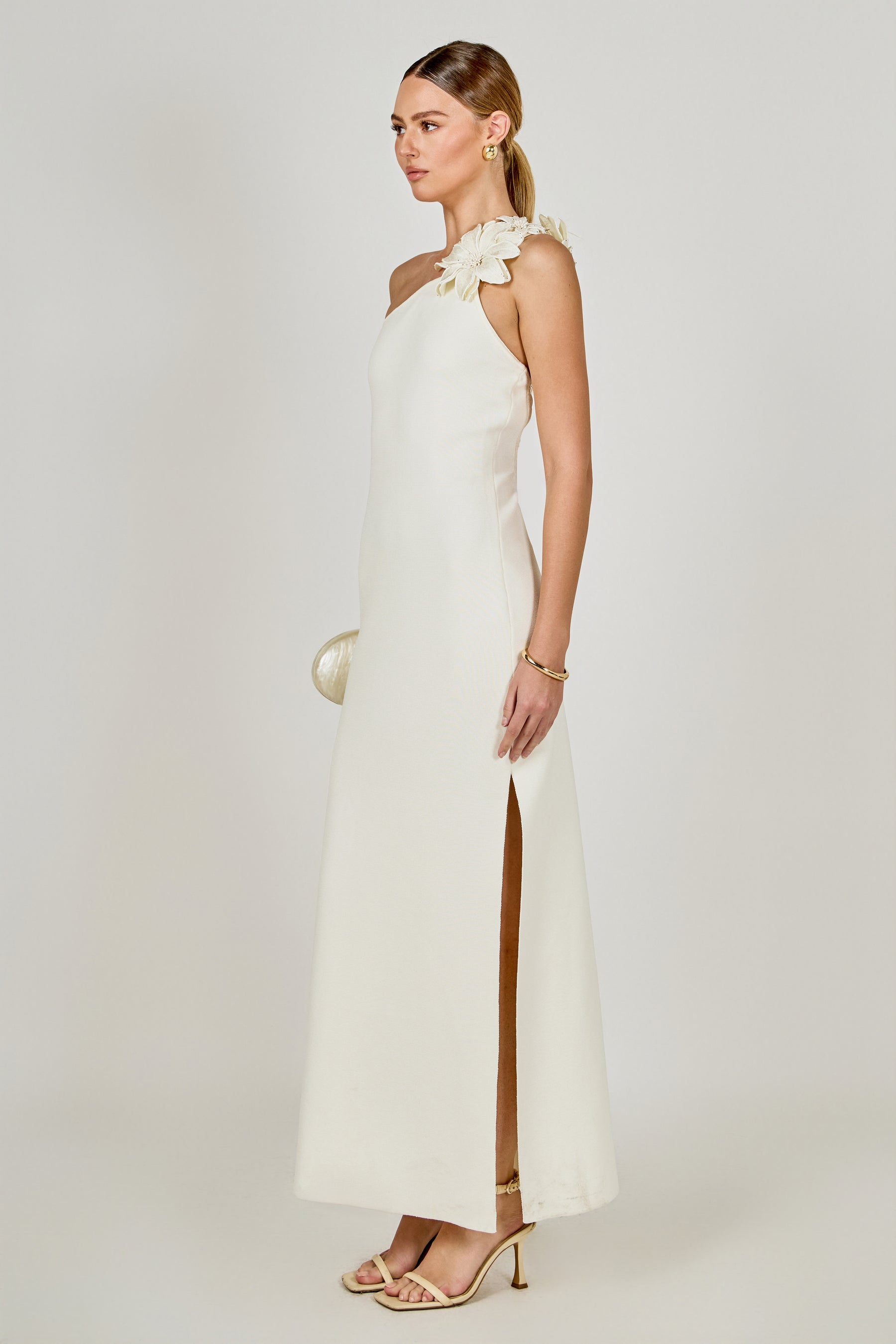 Flower Detail One Shoulder Knit Maxi Dress