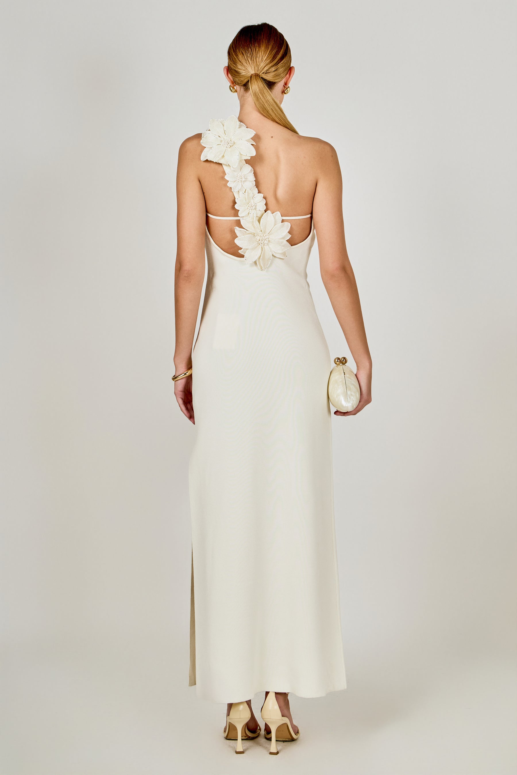 Flower Detail One Shoulder Knit Maxi Dress