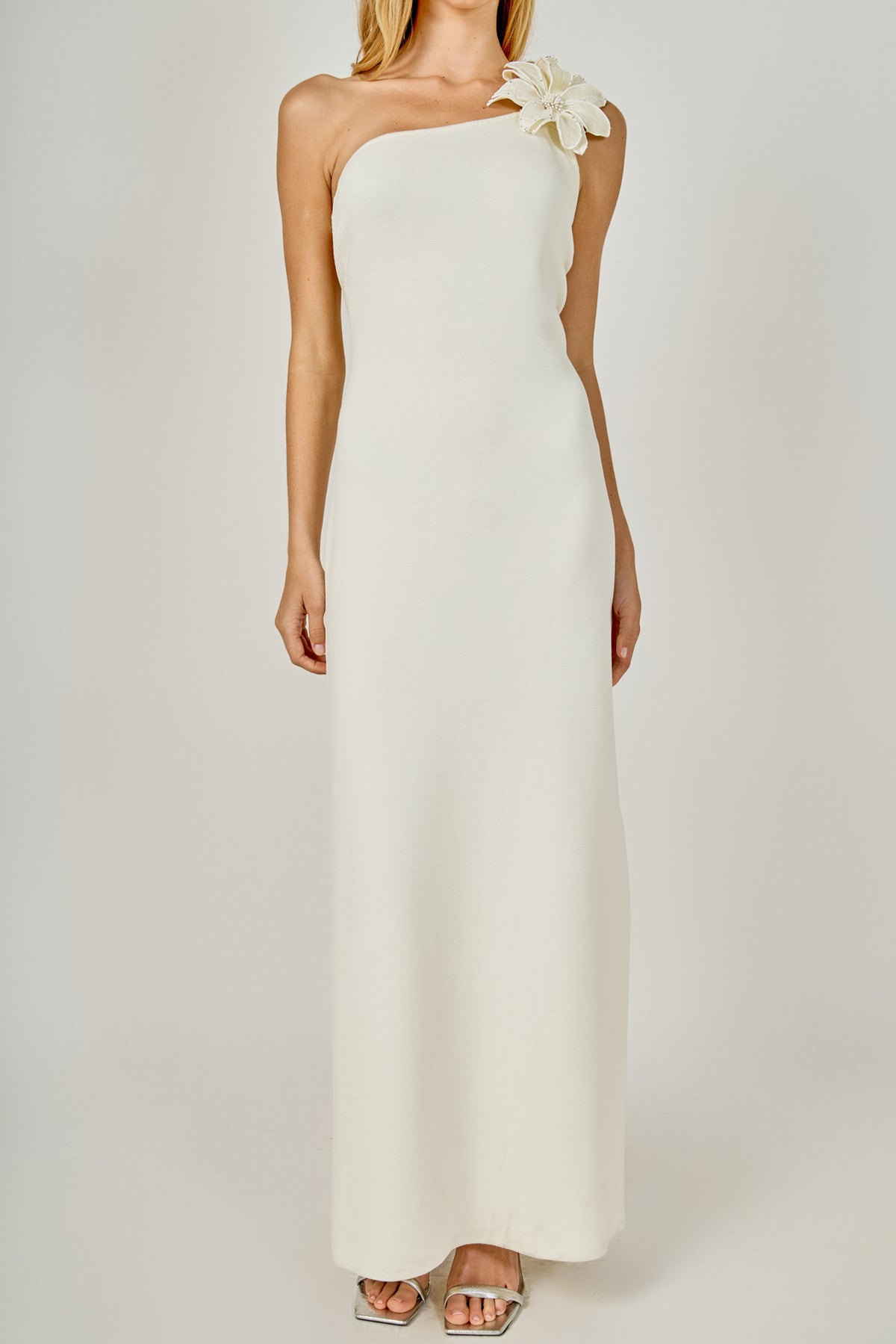 Flower Detail One Shoulder Knit Maxi Dress