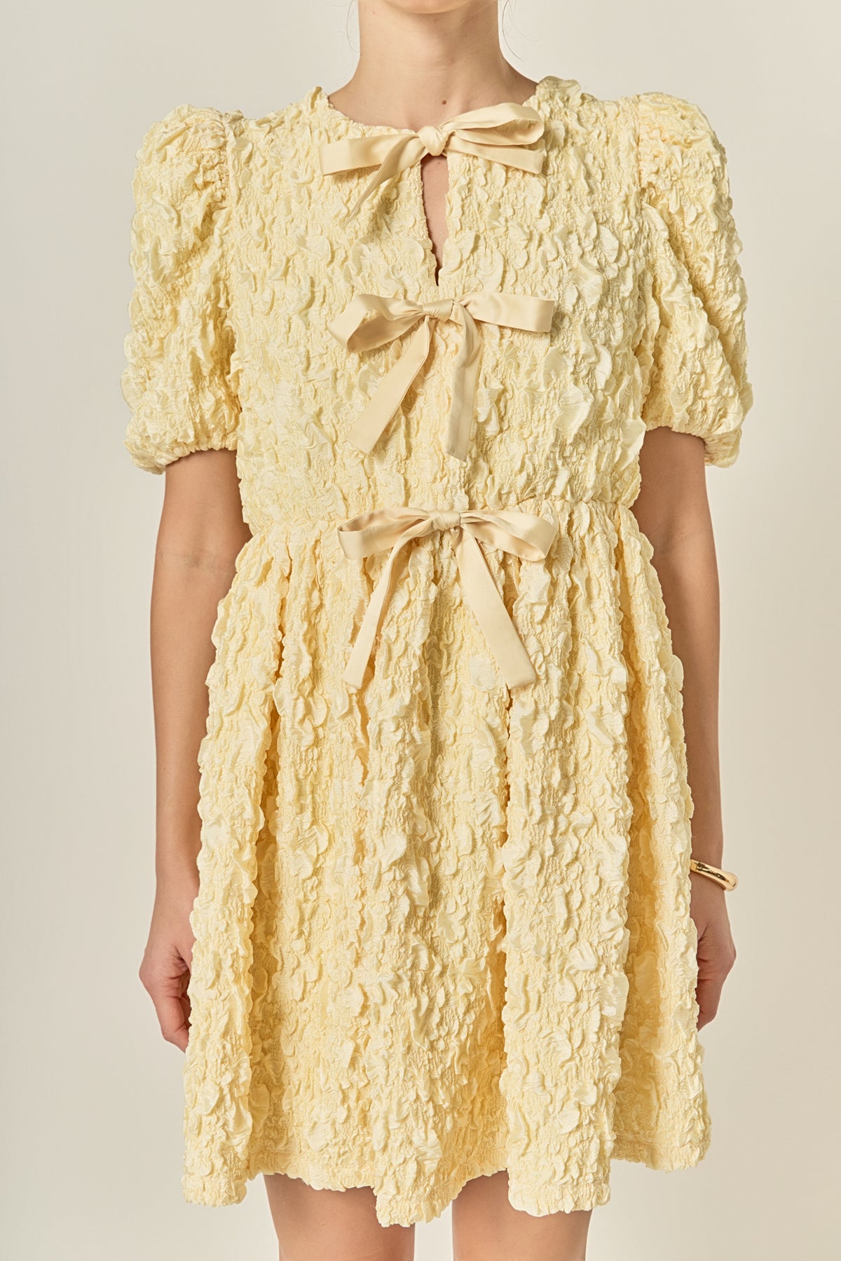 Bow Detailed Puff Sleeve Stretchy Mini Dress