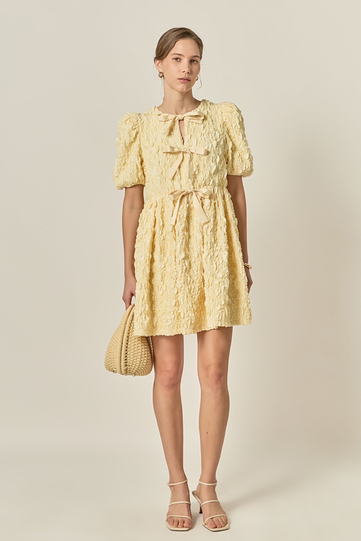 Bow Detailed Puff Sleeve Stretchy Mini Dress