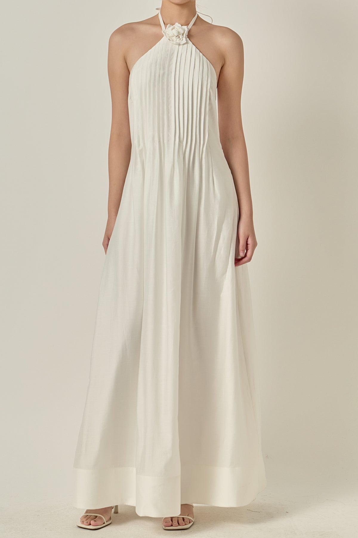 Crochet Flower Trim Sheer Halter Maxi Dress