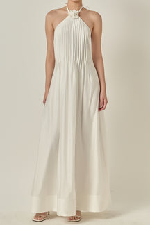 Crochet Flower Trim Sheer Halter Maxi Dress