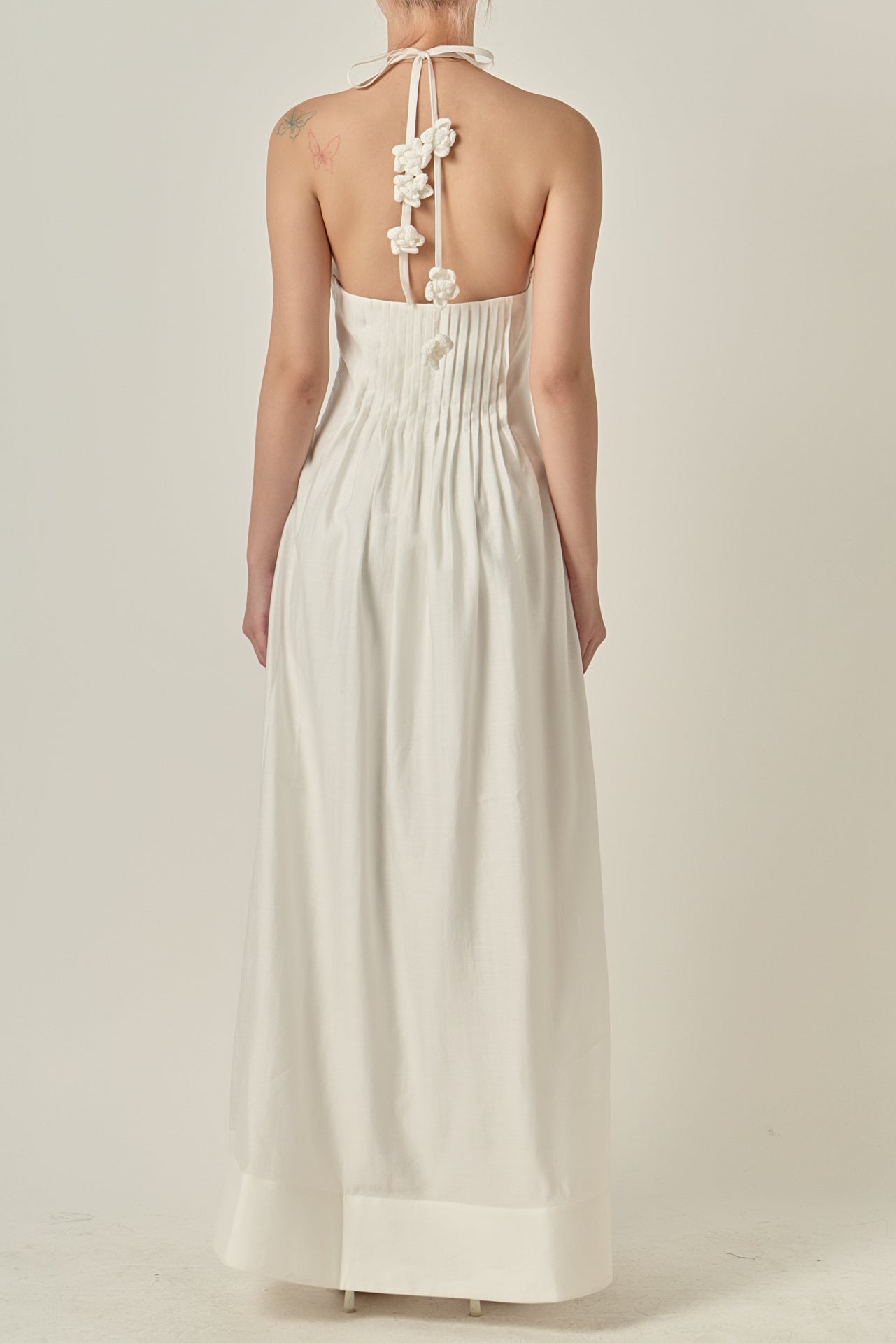 Crochet Flower Trim Sheer Halter Maxi Dress