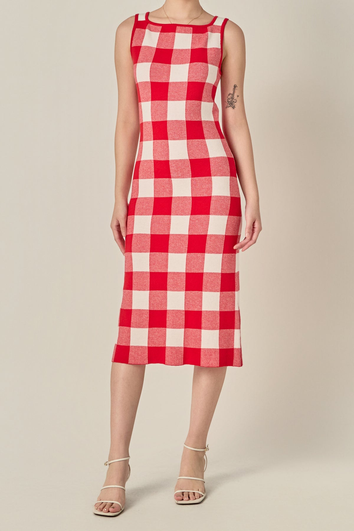 Knitted Gingham Sleeveless Midi Dress