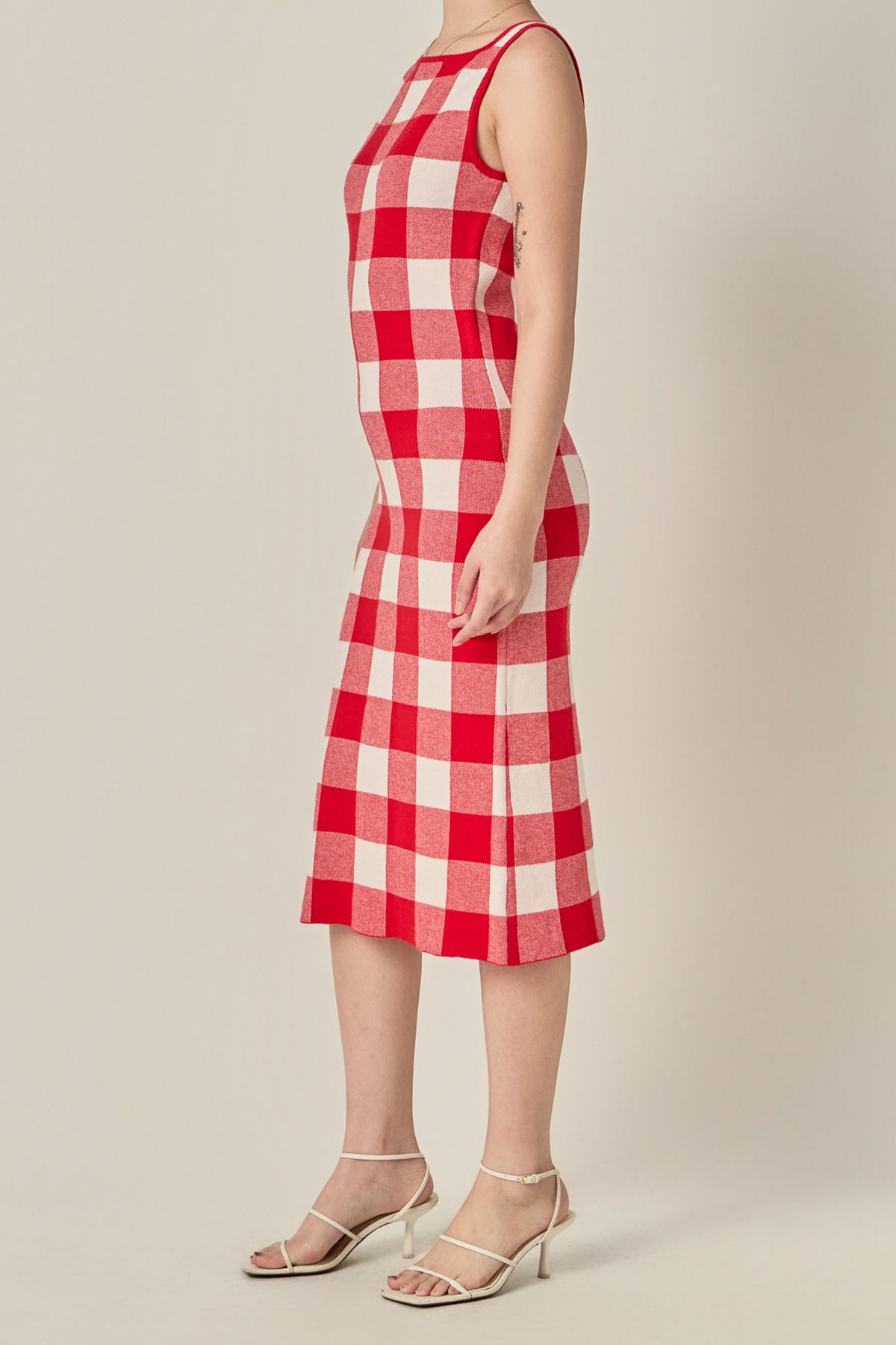 Knitted Gingham Sleeveless Midi Dress