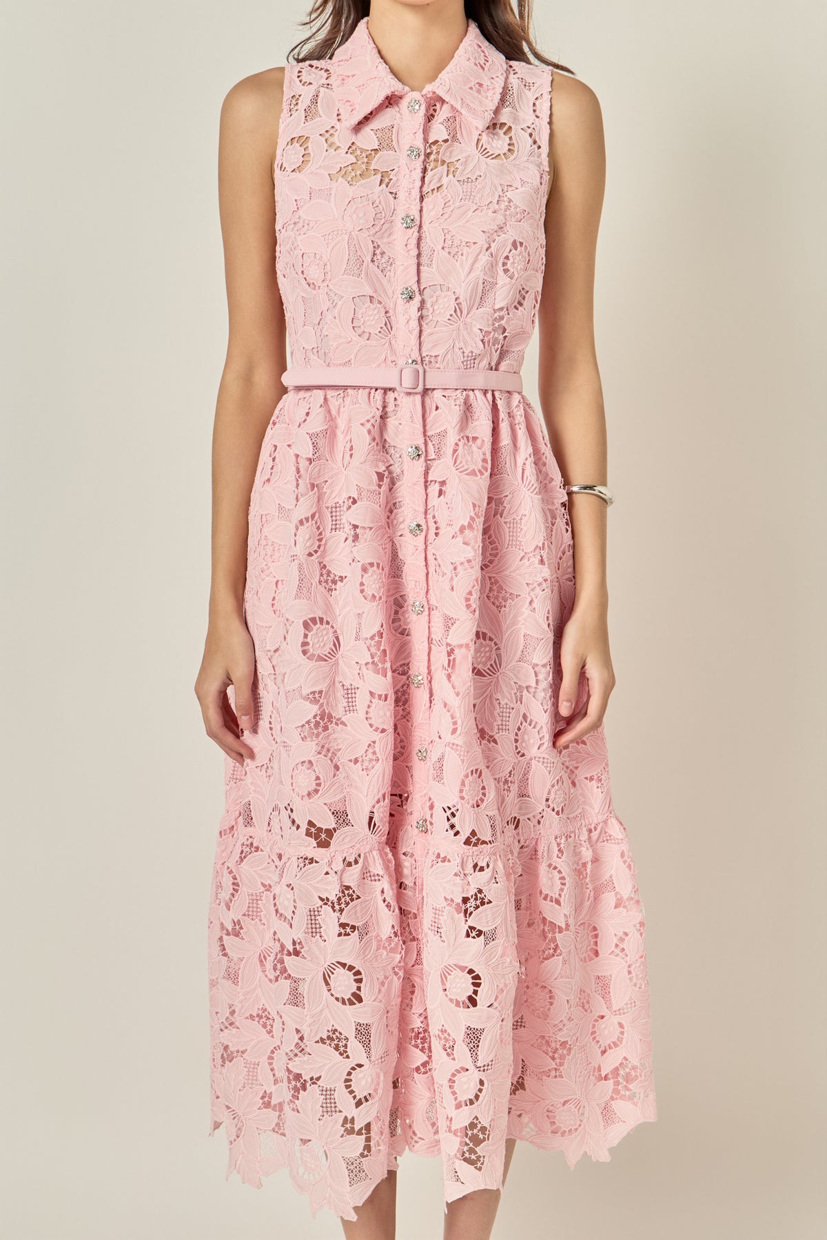 Sleeveless Lace Button Front Midi Dress