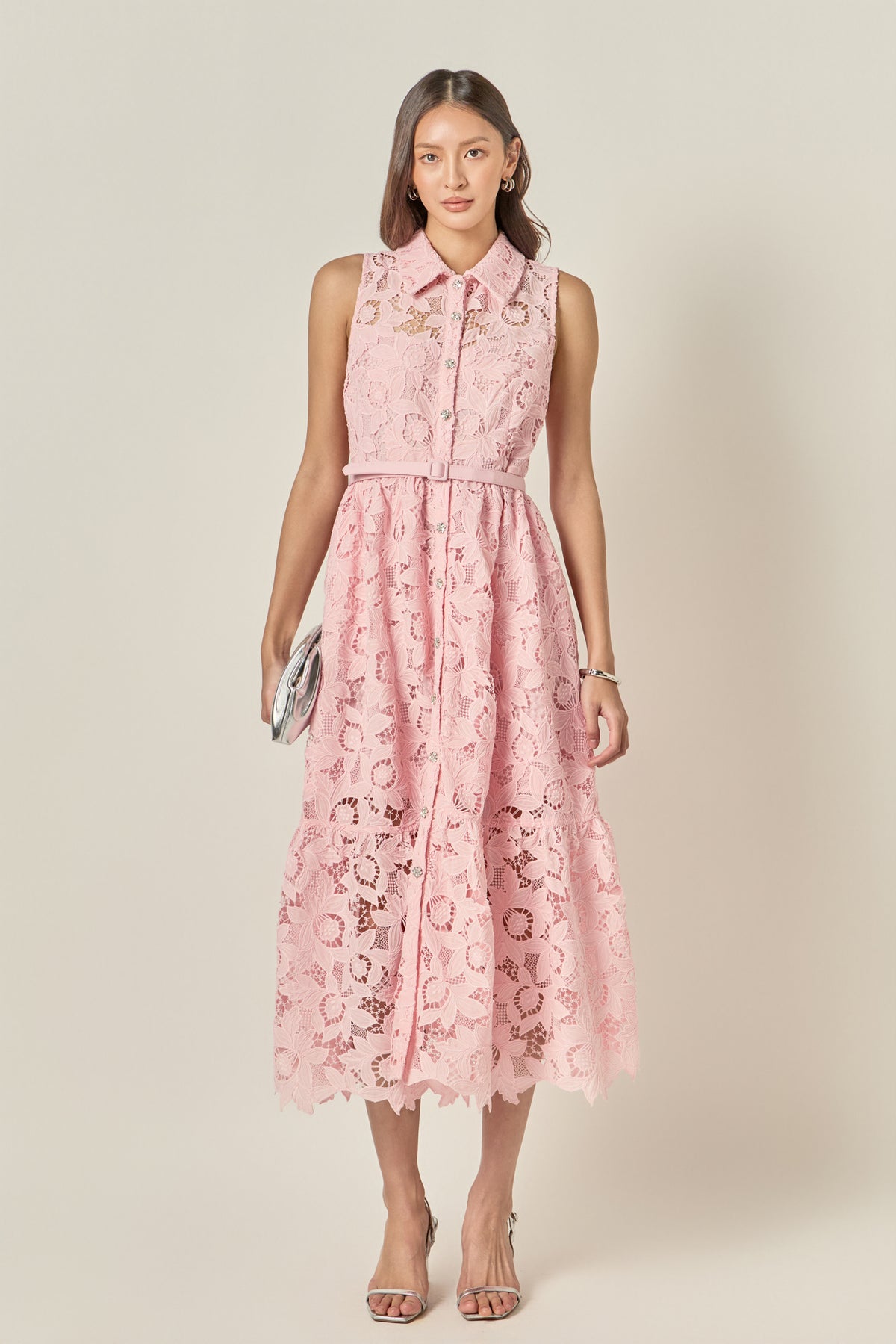 Sleeveless Lace Button Front Midi Dress