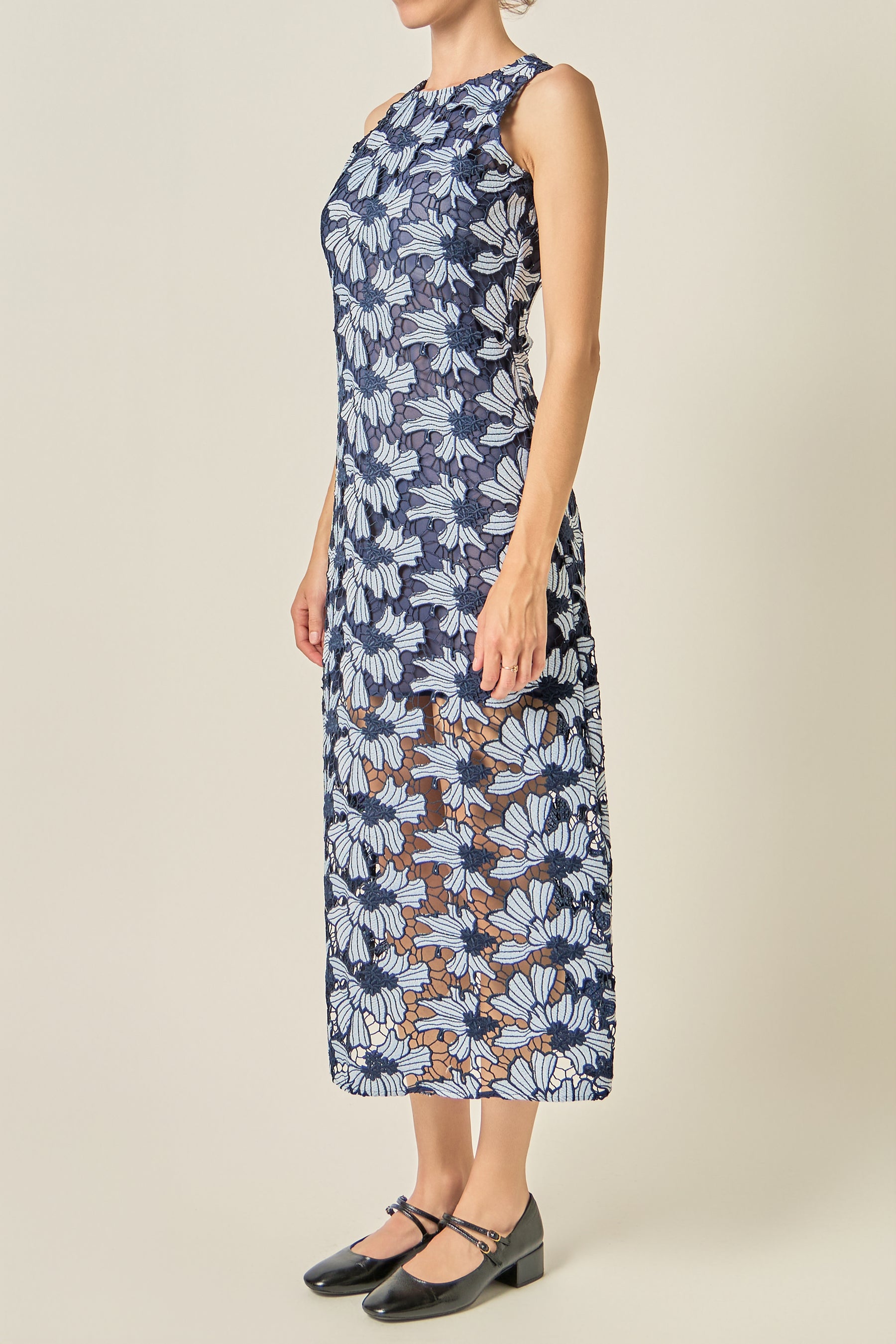 Floral Lace Overlay Midi Dress