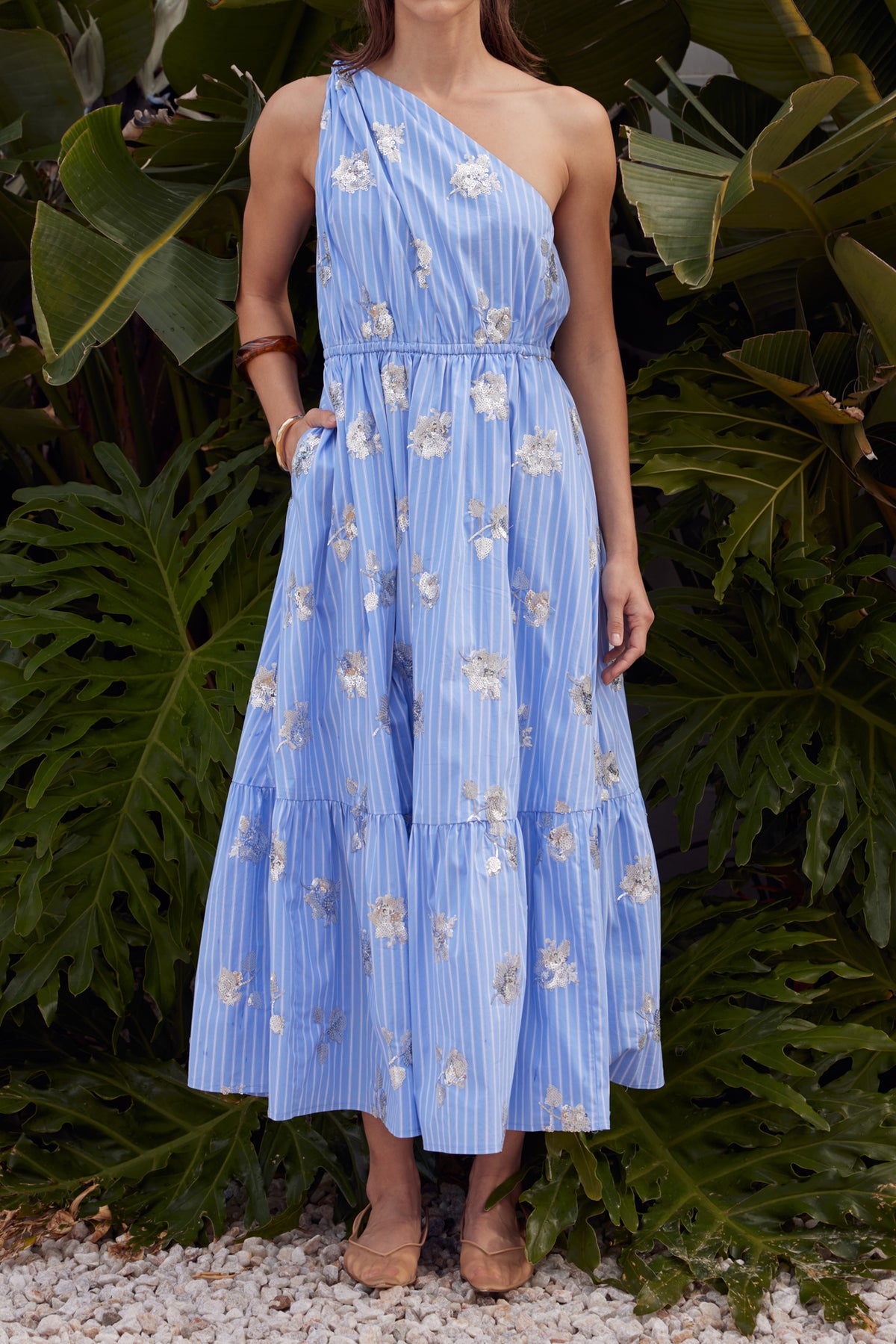Striped With Floral Sequin Applique Maxi Dress