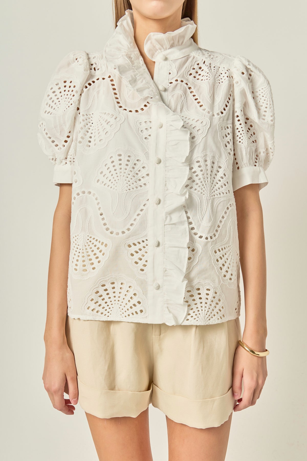 Embroidered Ruffle Short Sleeve Shirt
