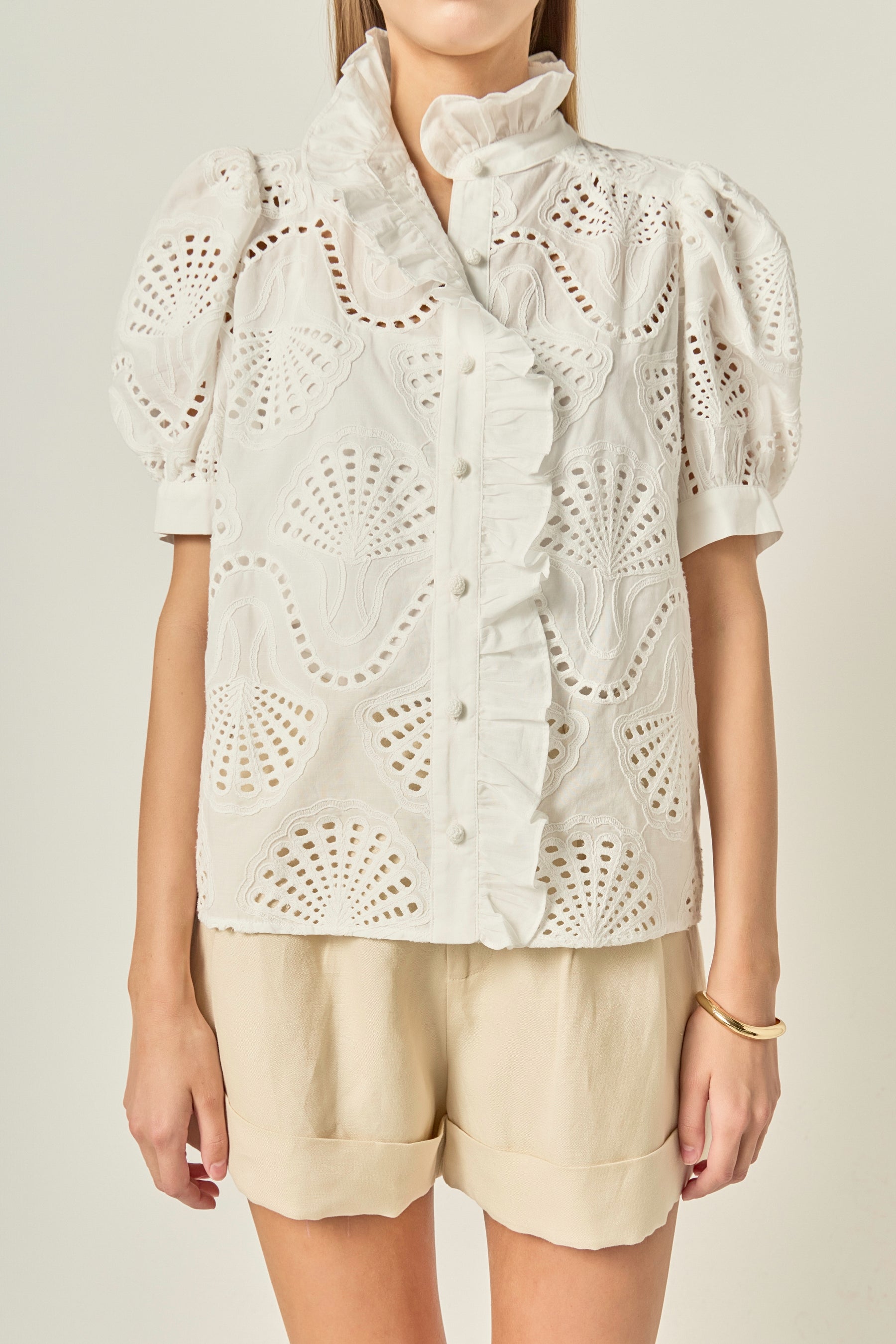 Embroidered Ruffle Short Sleeve Shirt