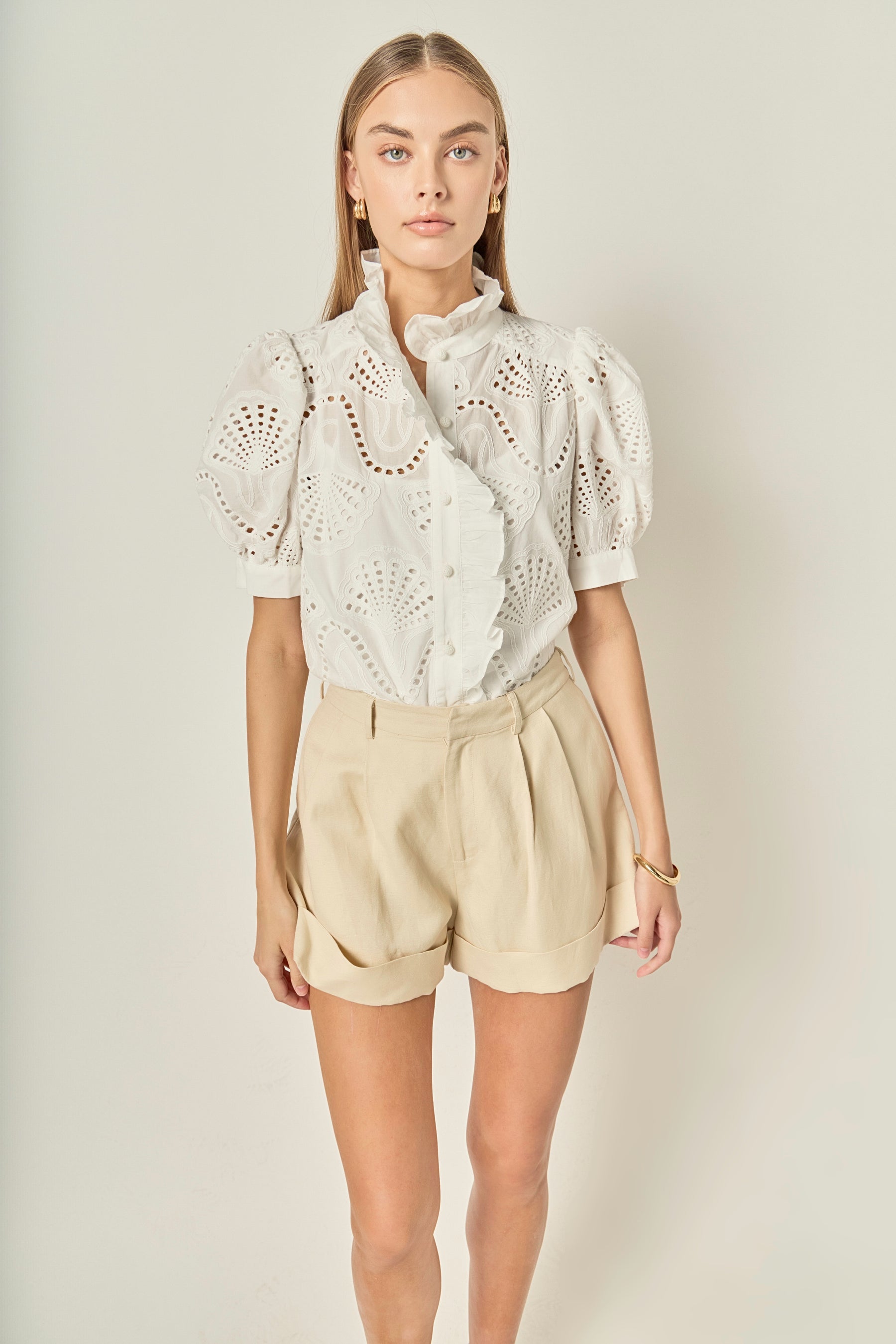 Embroidered Ruffle Short Sleeve Shirt