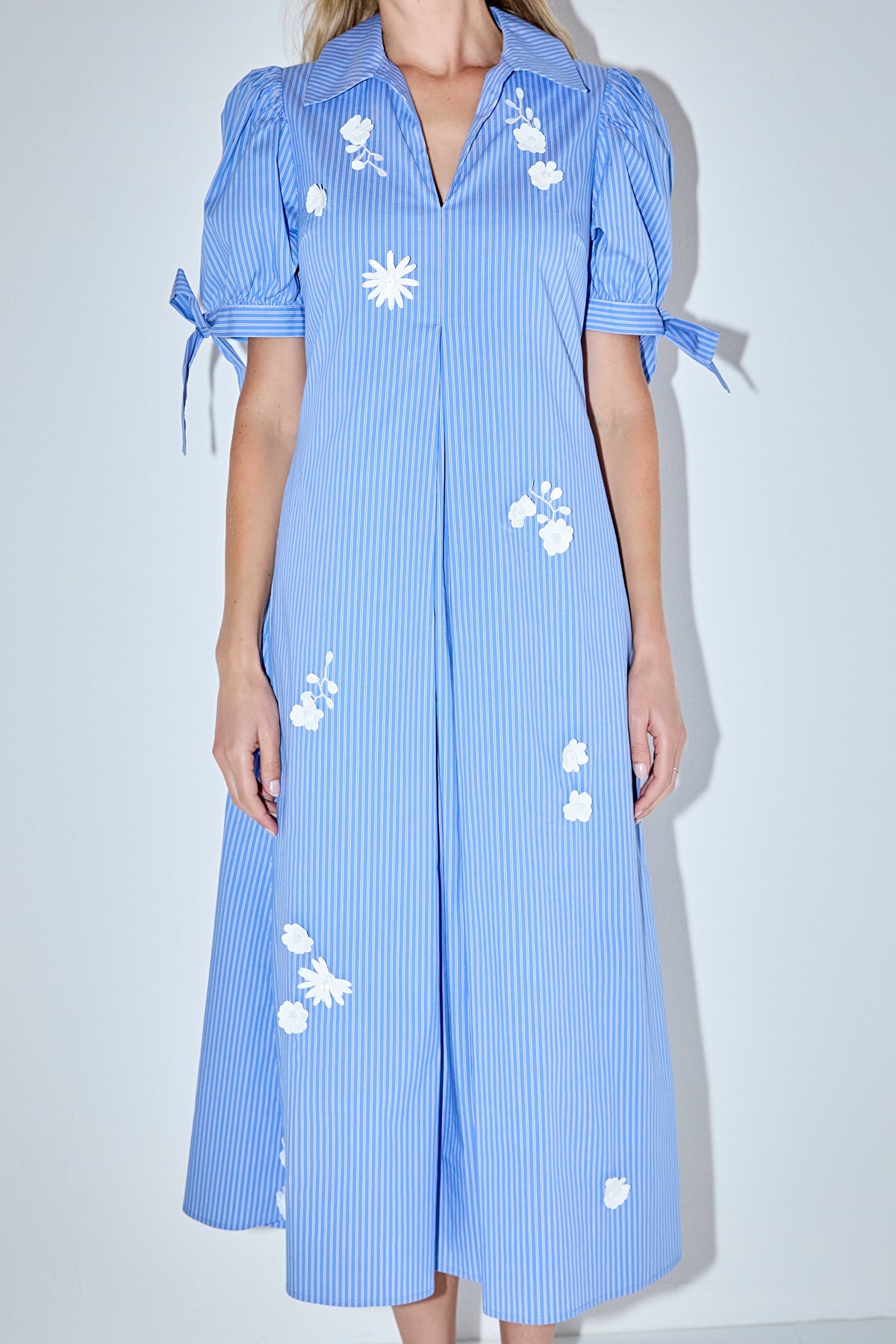 Flower Trim Striped Midi Dress