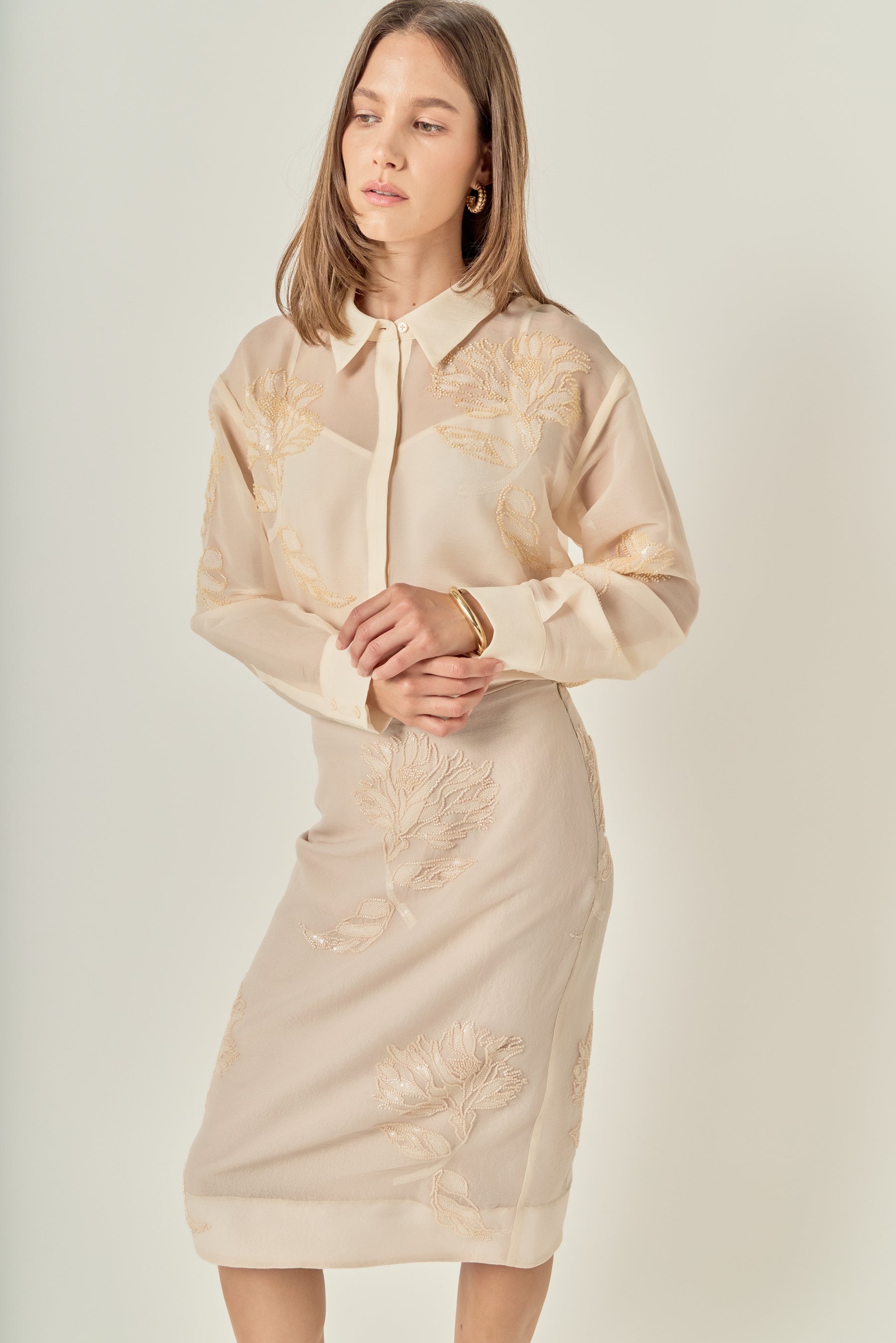 Sheer Beaded Long Sleeve Shirt