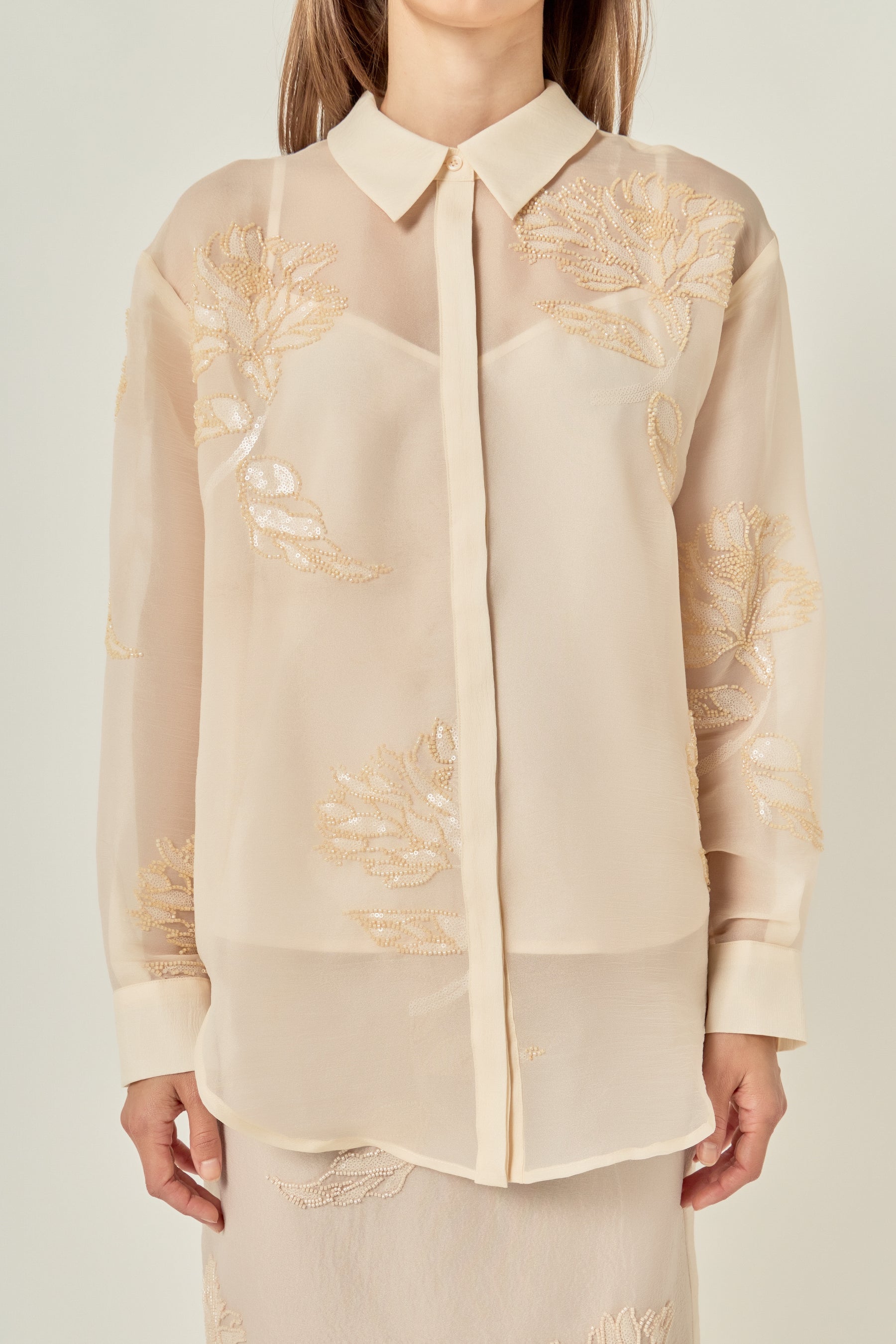 Sheer Beaded Long Sleeve Shirt