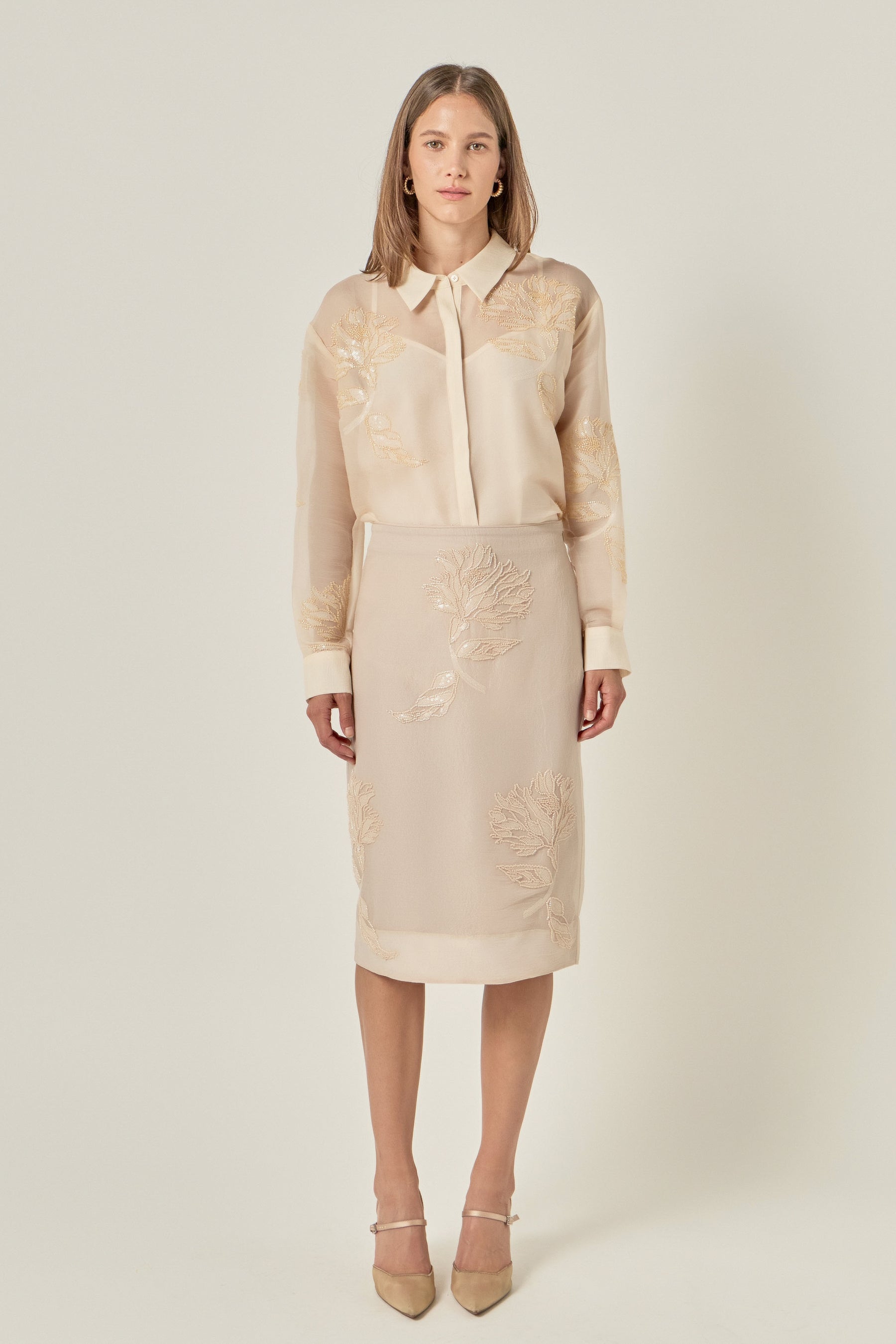Sheer Beaded Long Sleeve Shirt