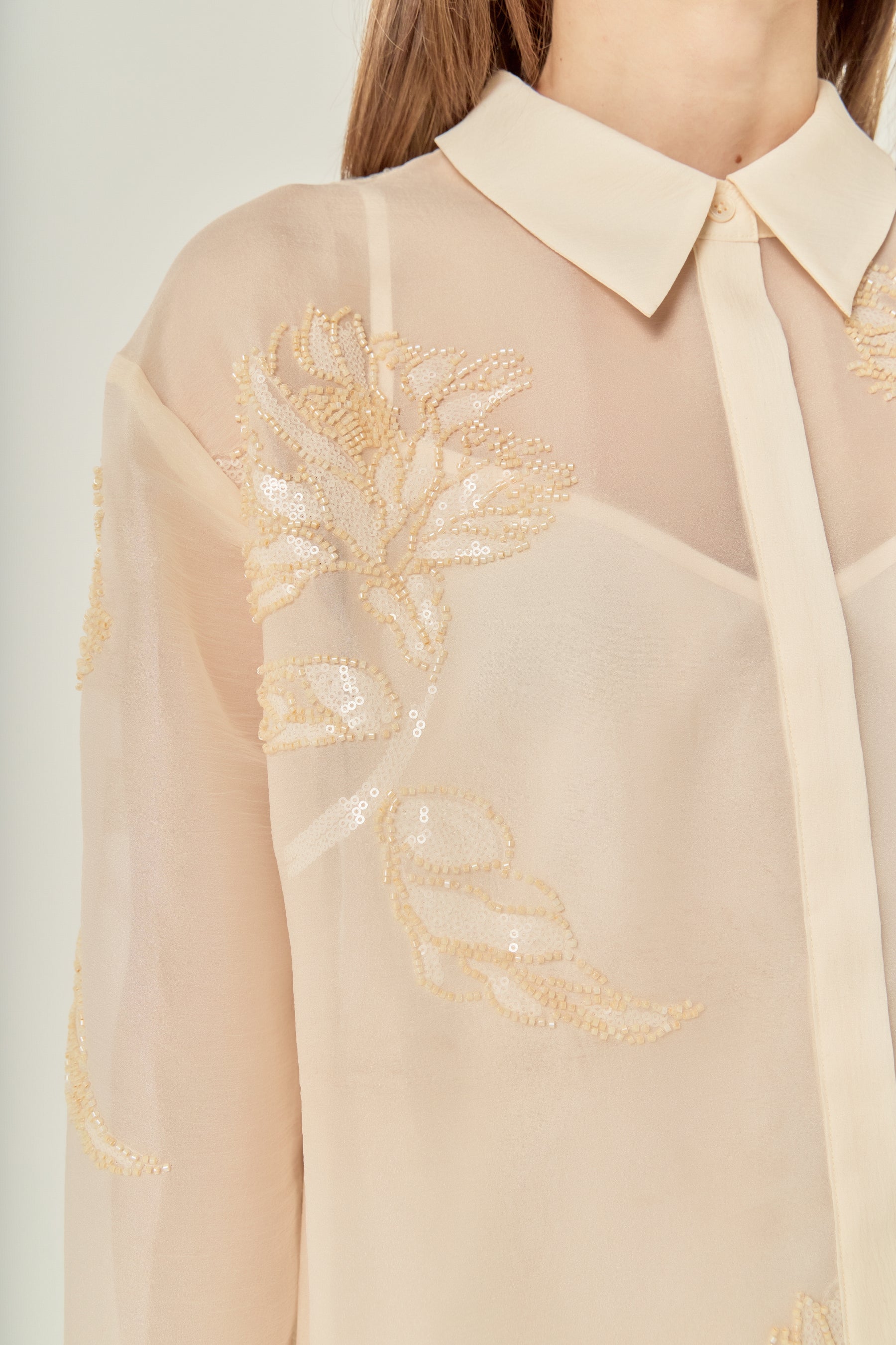 Sheer Beaded Long Sleeve Shirt