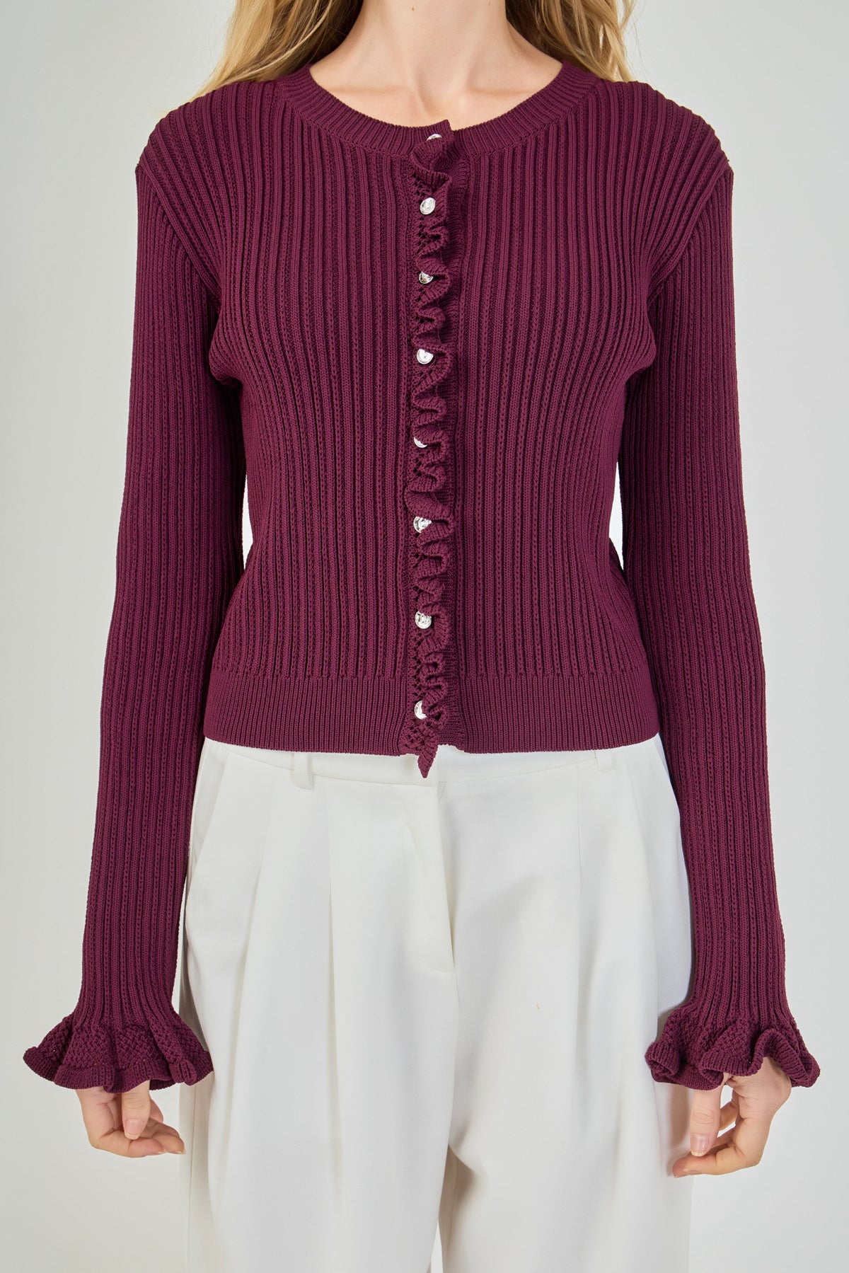 Ruffle Trim Rib Knit Cardigan