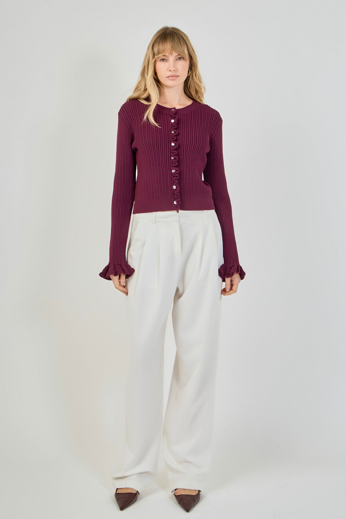 Ruffle Trim Rib Knit Cardigan