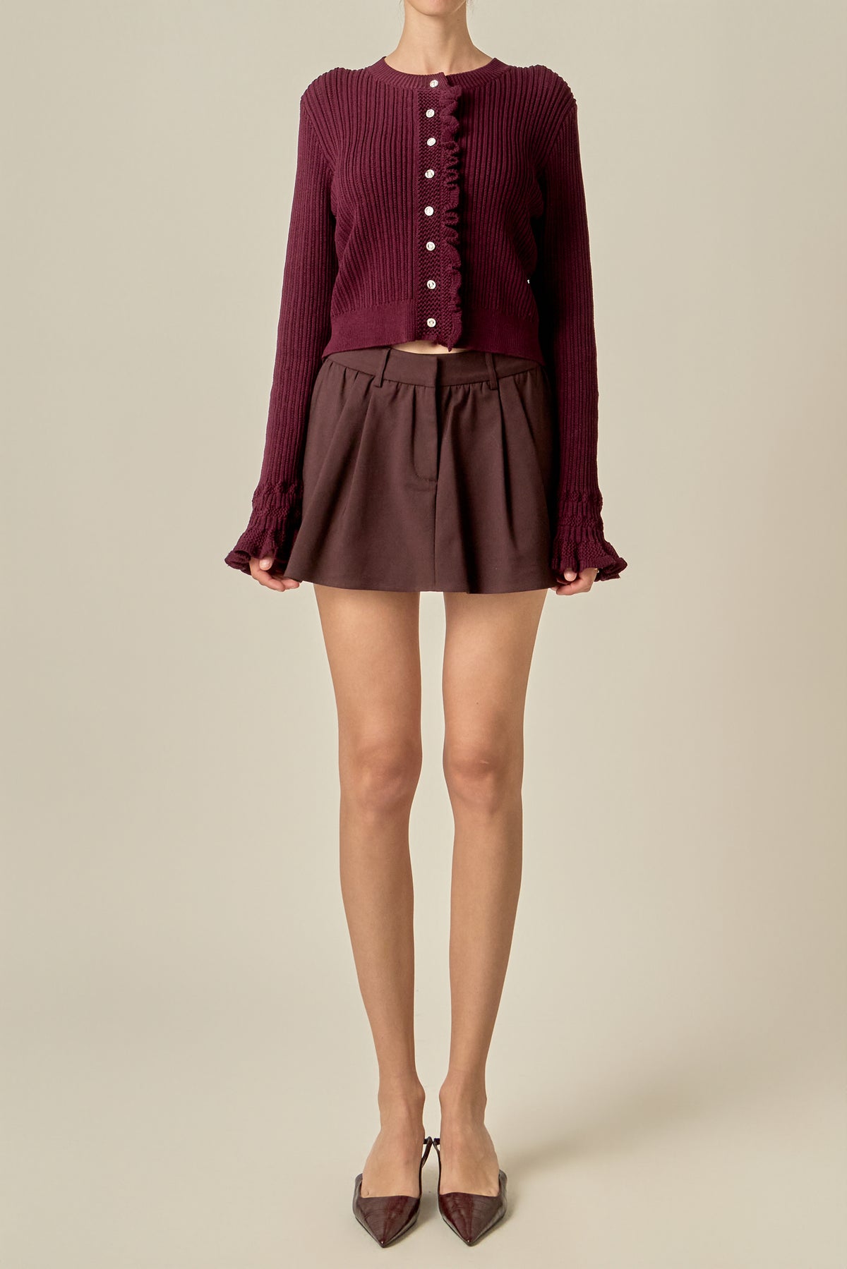 Ruffle Trim Rib Knit Cardigan