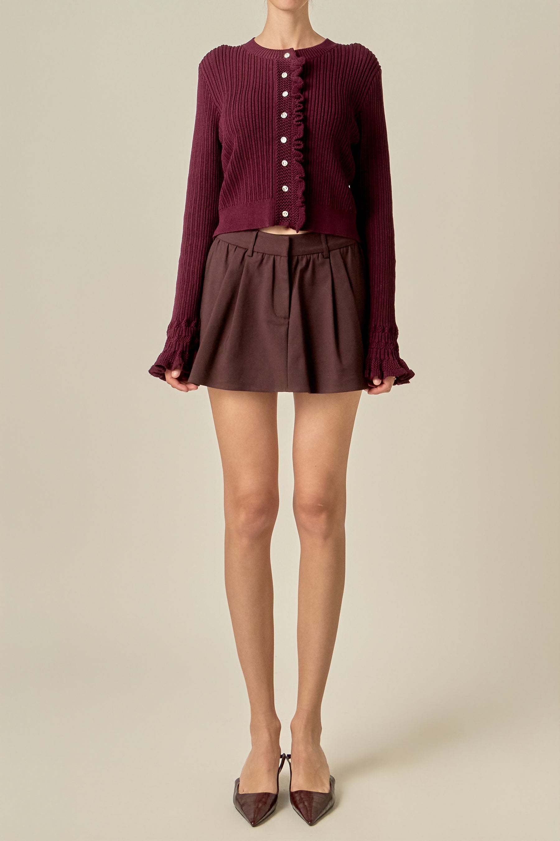 Ruffle Trim Rib Knit Cardigan