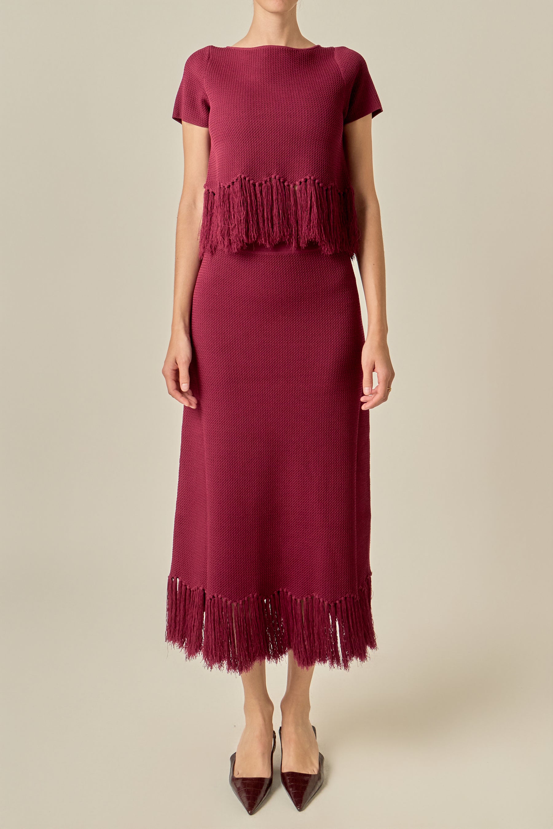 Fringe Hem Knit Midi Skirt
