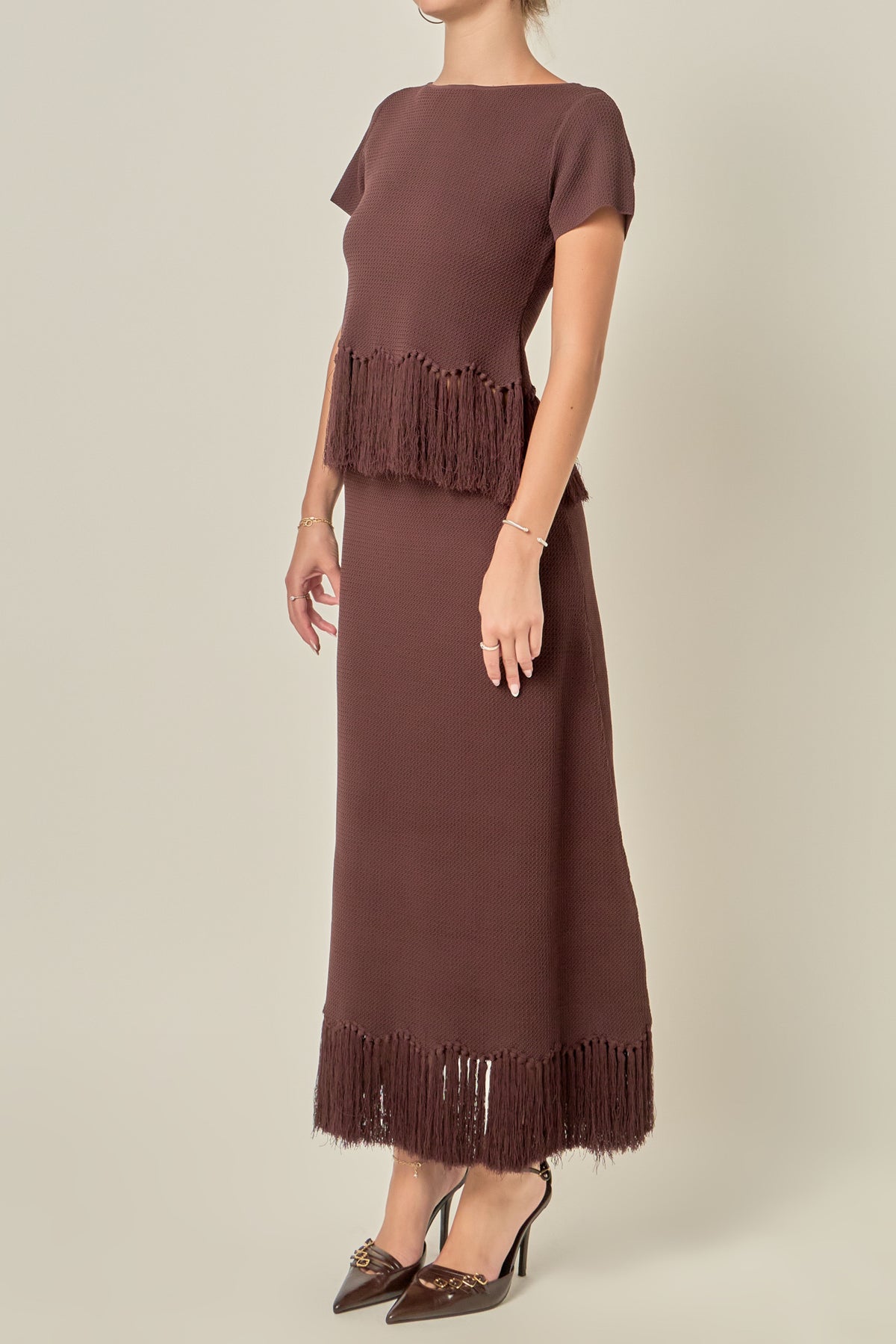 Fringe Hem Knit Midi Skirt