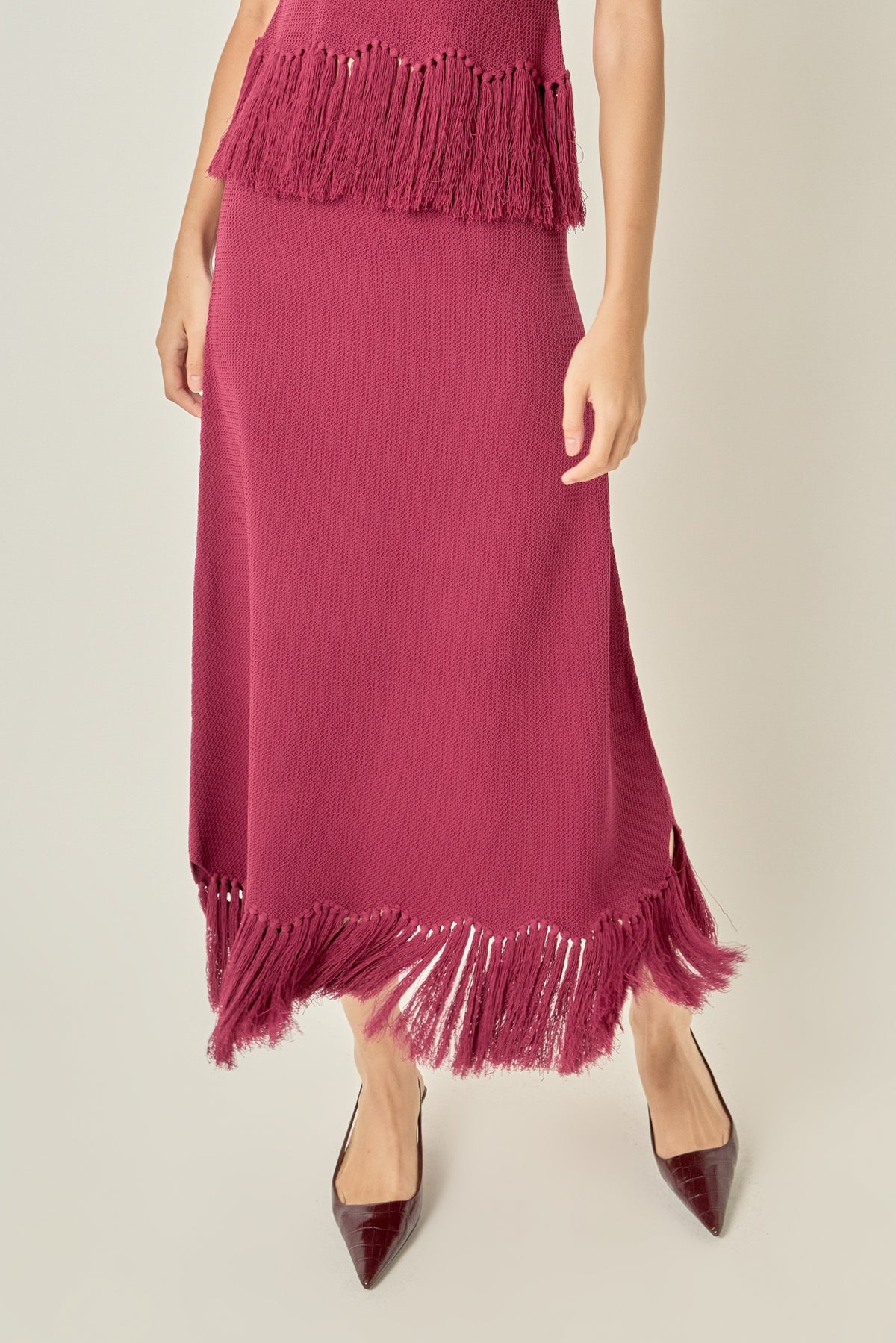 Fringe Hem Knit Midi Skirt