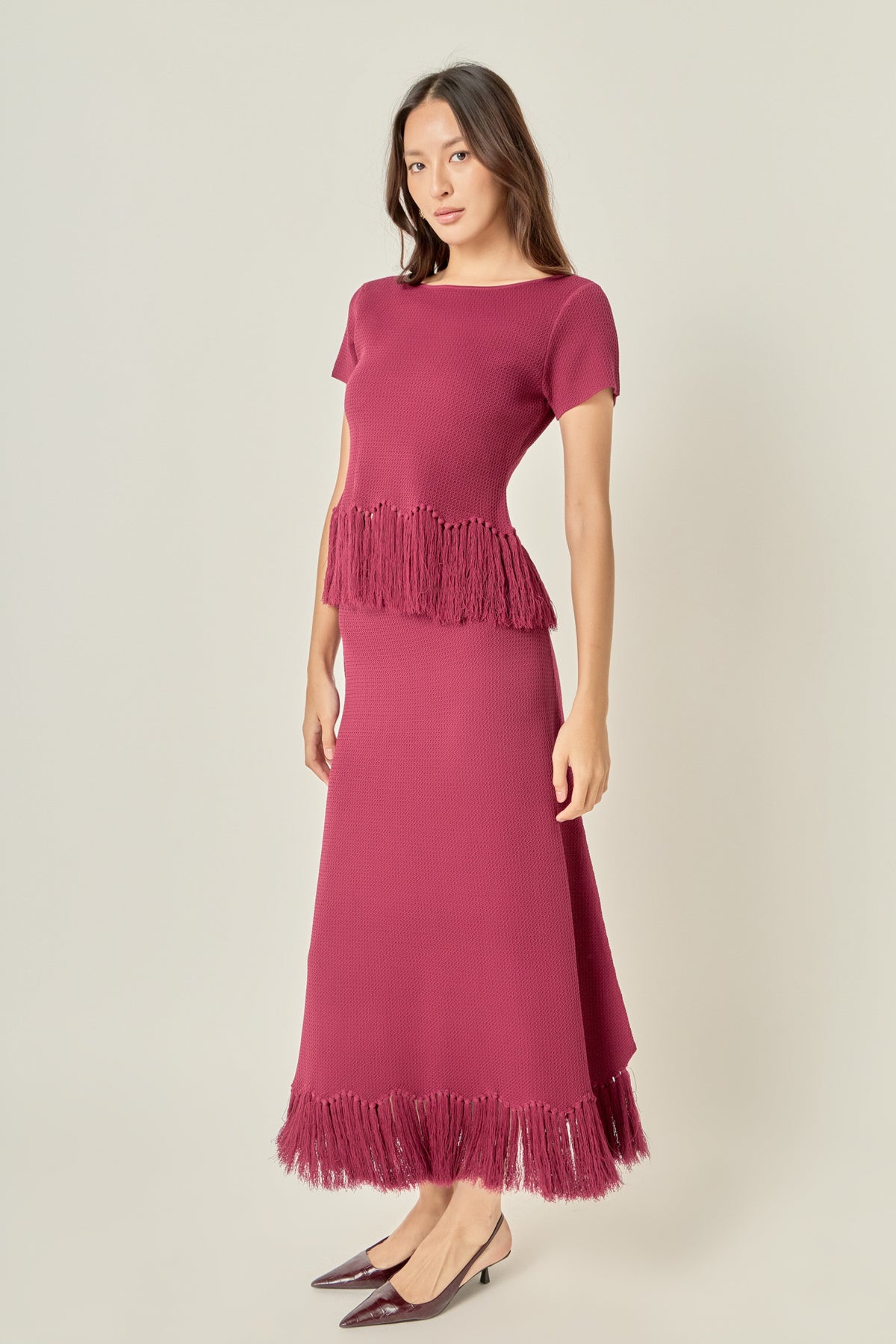 Fringe Hem Knit Midi Skirt