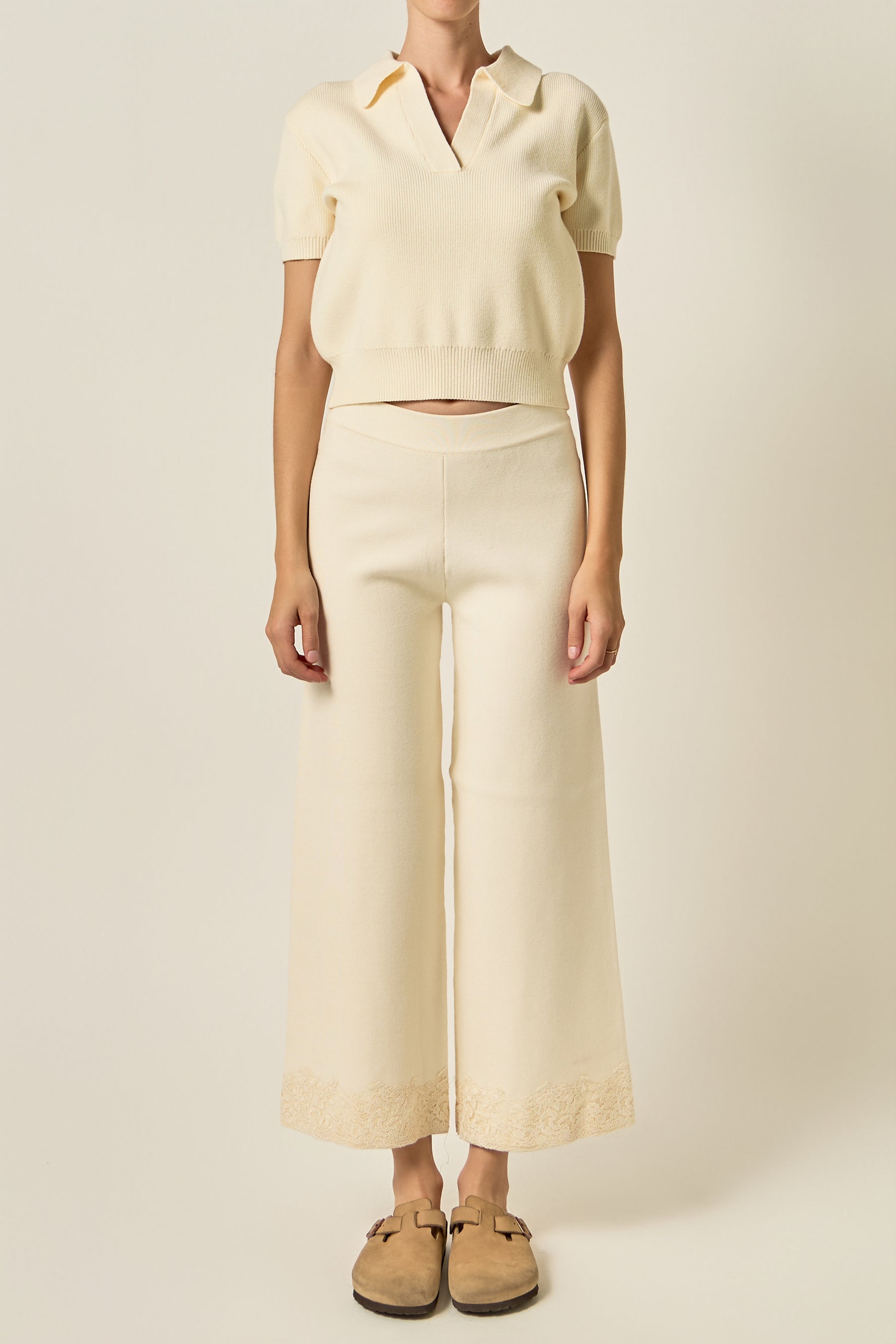 Wide Leg Lace Hem Knit Pants