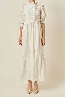 Ruffle Collar Puff Sleeve Maxi Dress