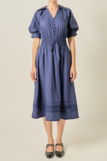 Smocked Waist Puff Sleeve Midi Dress