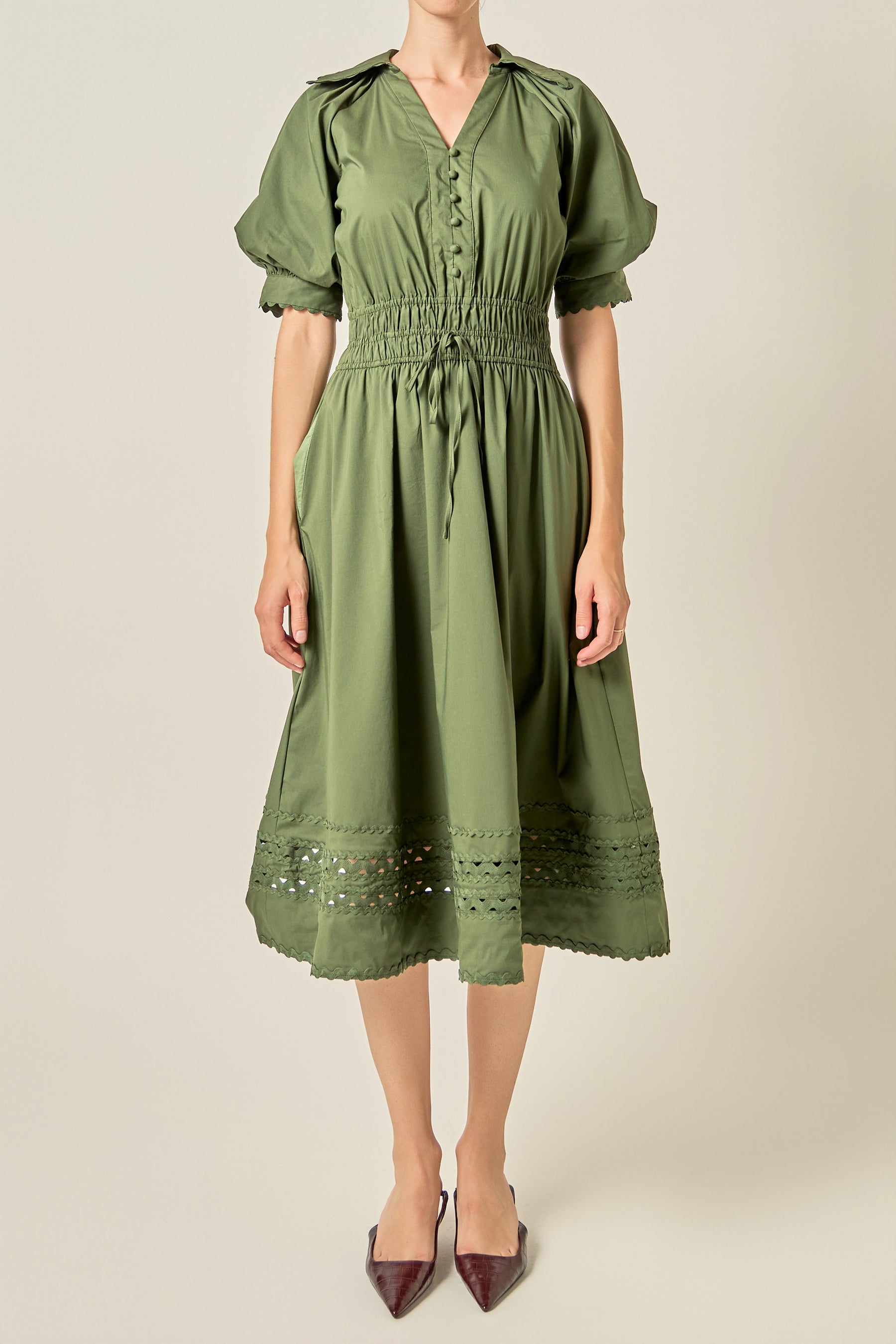 Smocked Waist Puff Sleeve Midi Dress