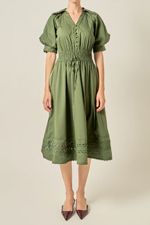 Smocked Waist Puff Sleeve Midi Dress