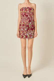 Strapless 3D Floral Mini Dress