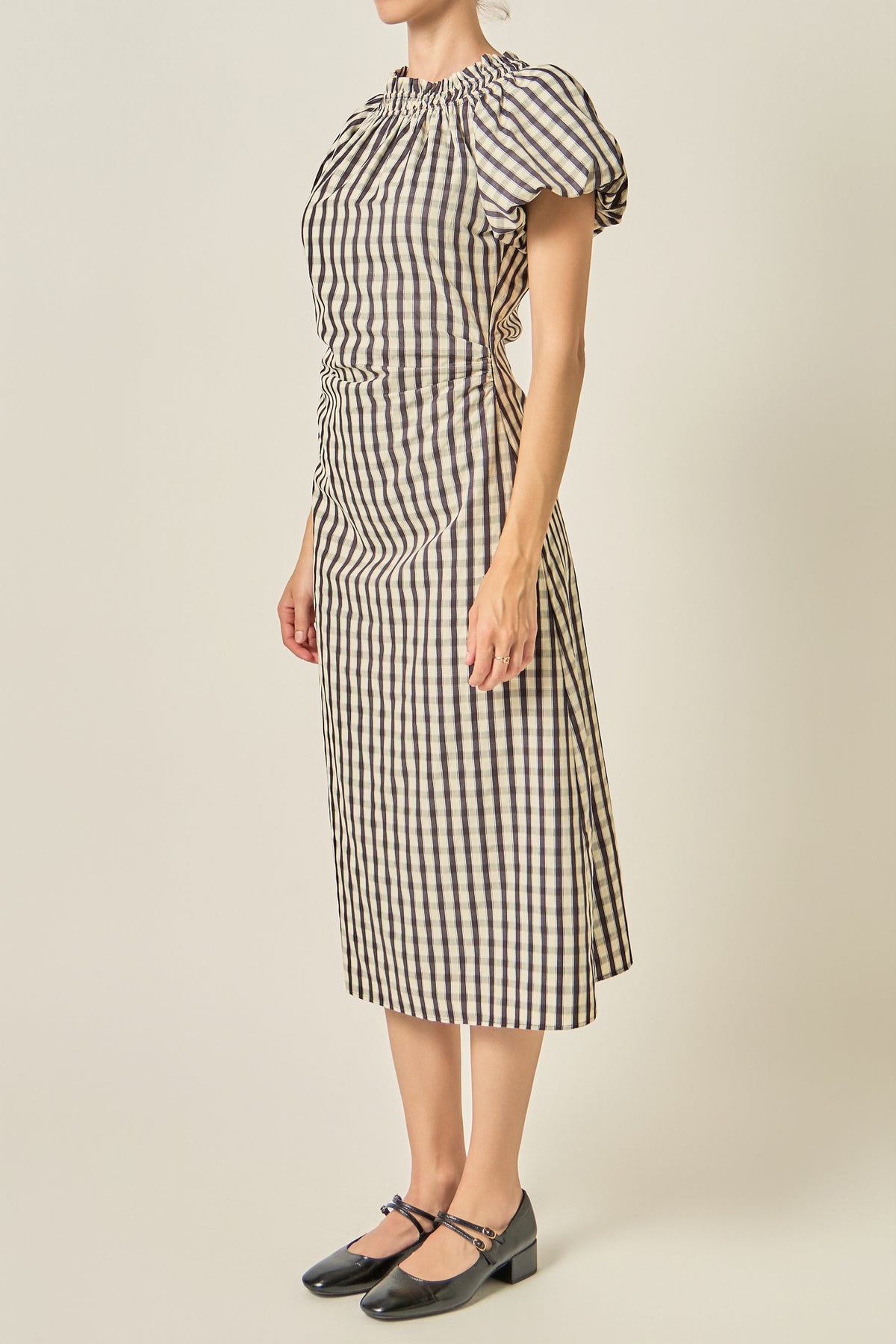Smocked Neck Gingham Midi Dress